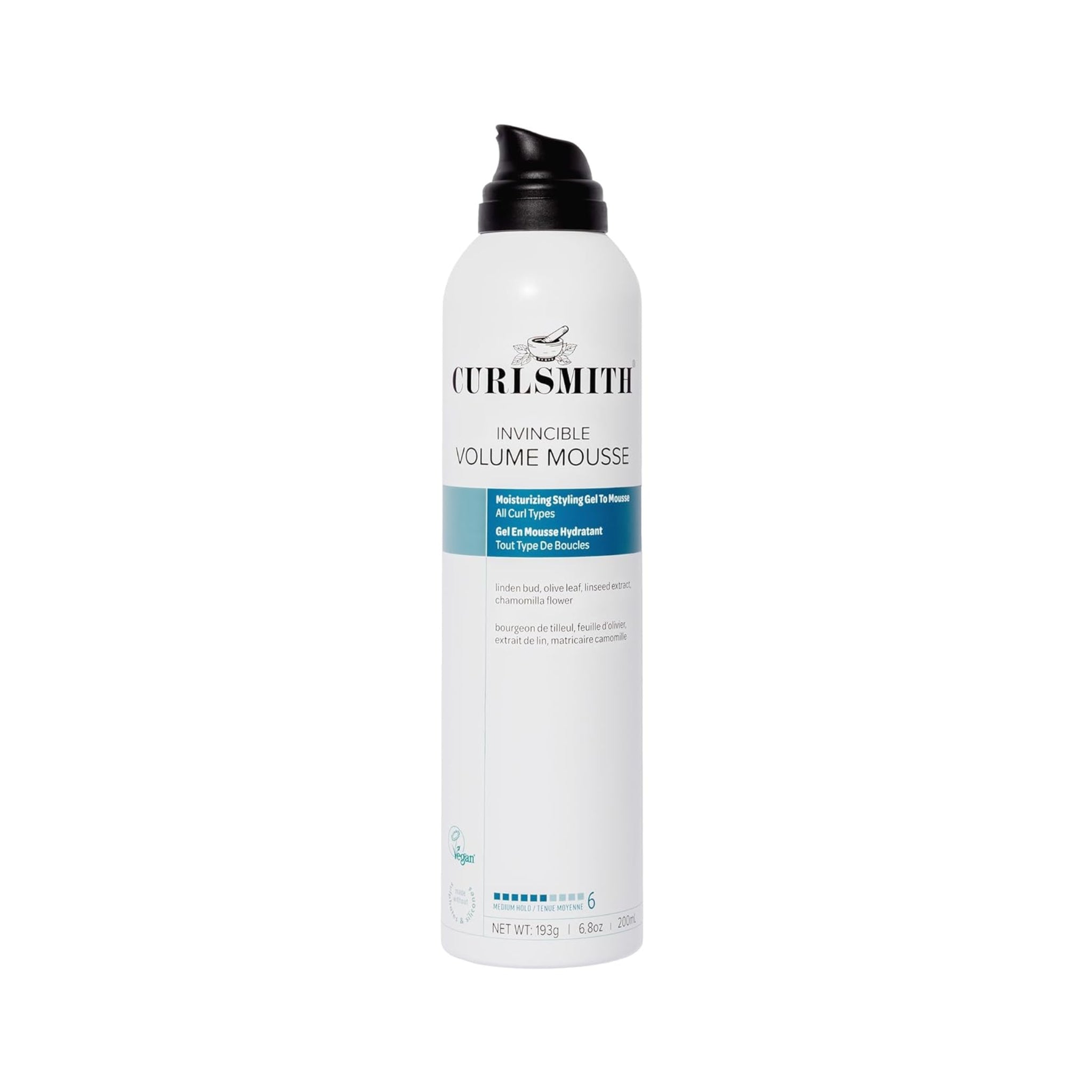 Curlsmith Invincible Volume Mousse, hvid flaske med sort pumpelåg og blå etiket, 200 ml.