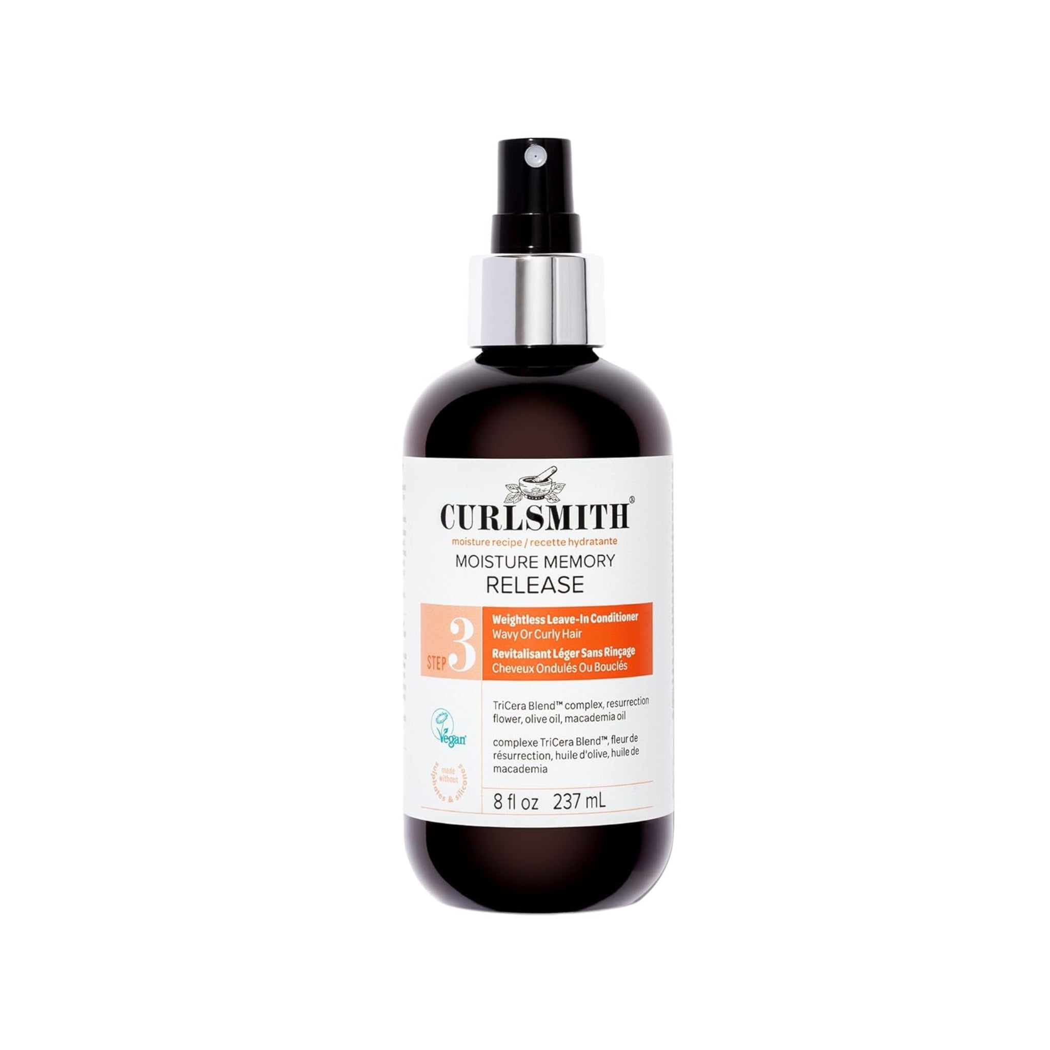 Curlsmith Moisture Memory Release spraysprøjteflaske i brun glas med hvidt og orange etiket, 237 ml.