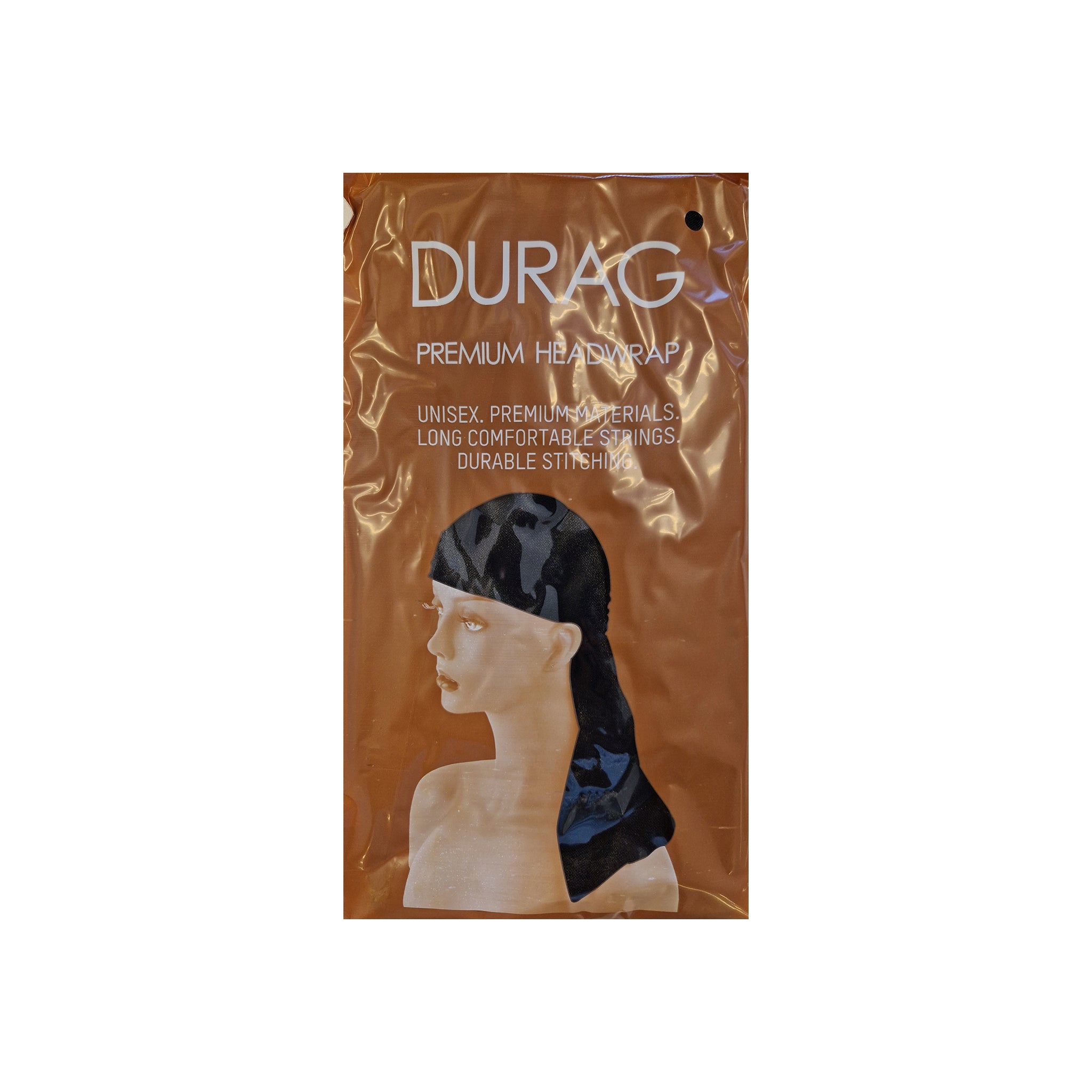 Durag Premium Headwrap i sort, vist i orange emballage med mannequin iført durag og tekst om komfort og holdbarhed.