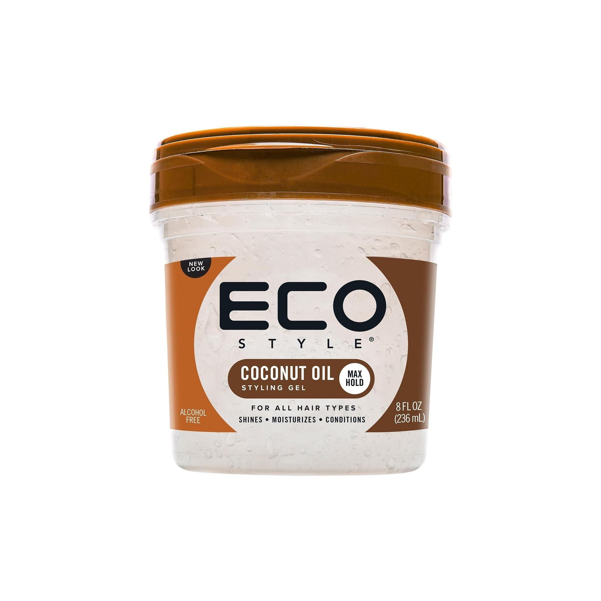 Hvid beholder Eco Style Styling Gel Coconut Oil 236ml med brunt låg, alkoholfri gelé med maksimal hold og kokosolie til fugt og glans.