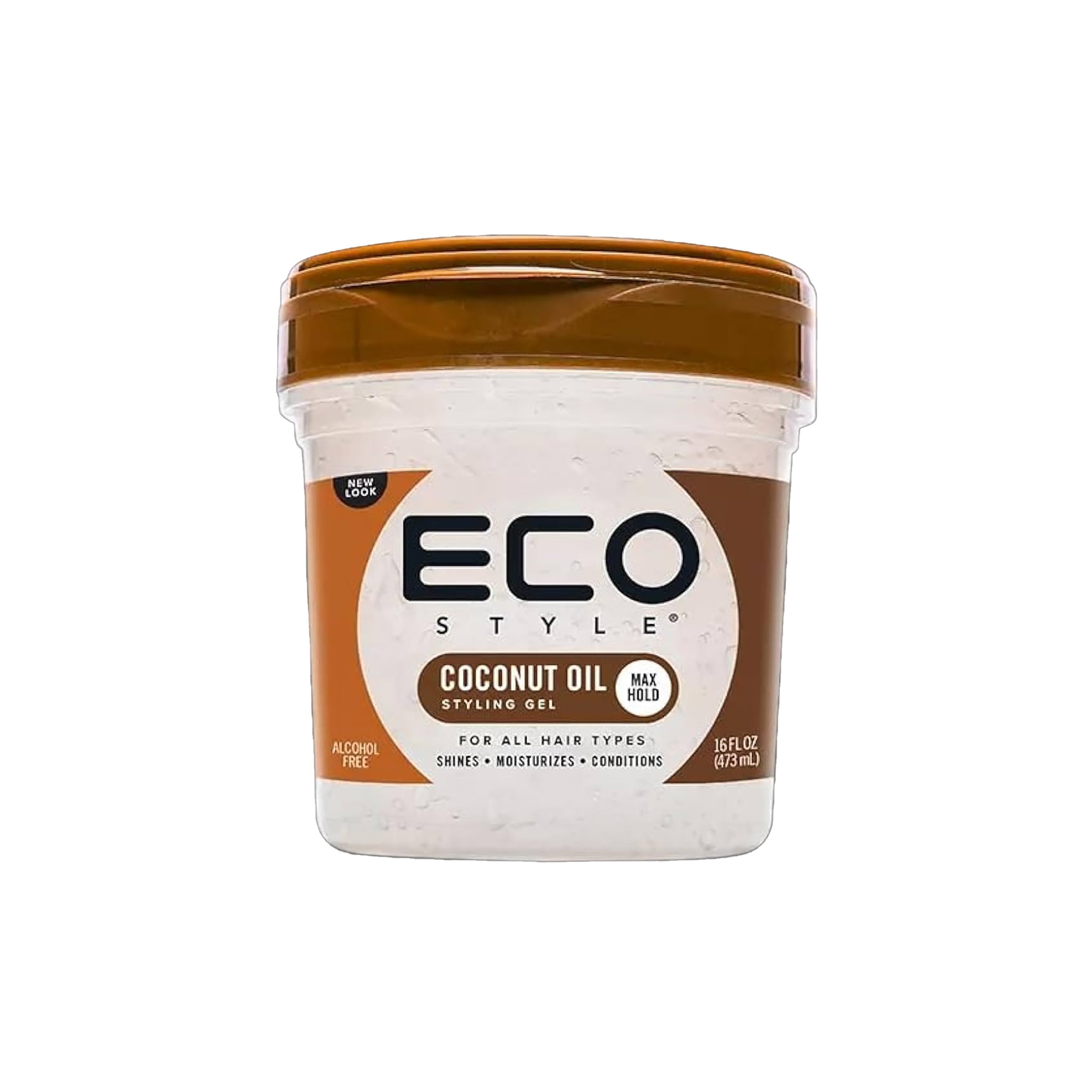 Hvid beholder Eco Style Styling Gel Coconut Oil 473ml med brunt låg, alkoholfri gelé med maksimal hold og kokosolie til fugt og glans.