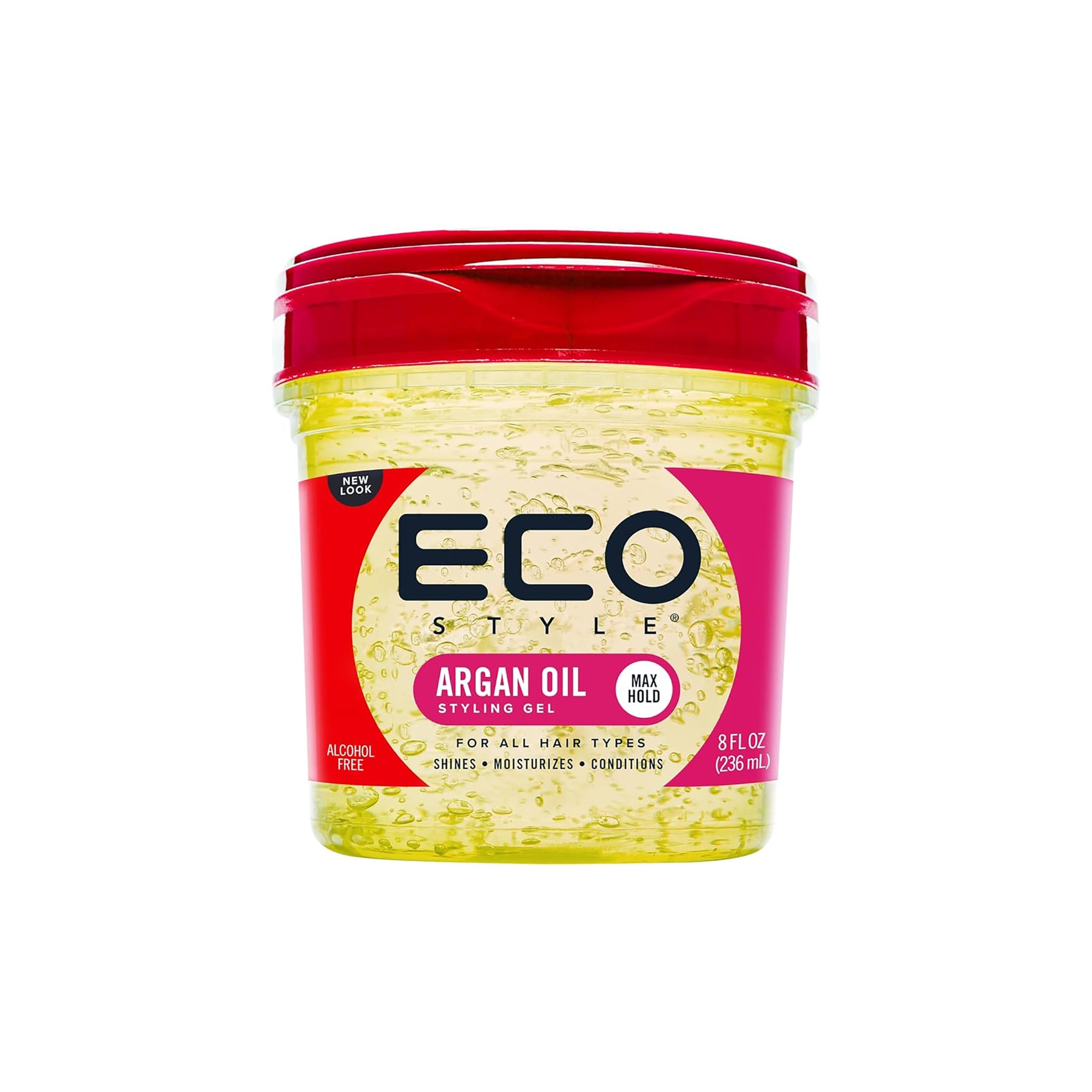Gul beholder Eco Style Styling Gel Argan Oil 236ml med rødt låg, alkoholfri gelé med arganolie til maksimal hold, glans og fugt.