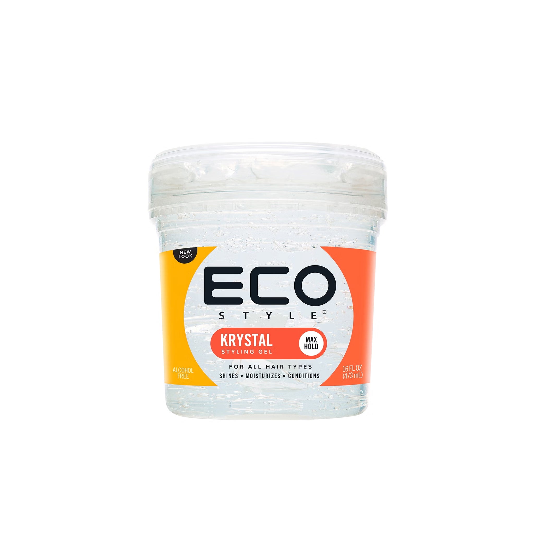 Klar beholder Eco Style Styling Gel Krystal 473ml med orange og gul etiket, alkoholfri gelé med maksimal hold til alle hårtyper.