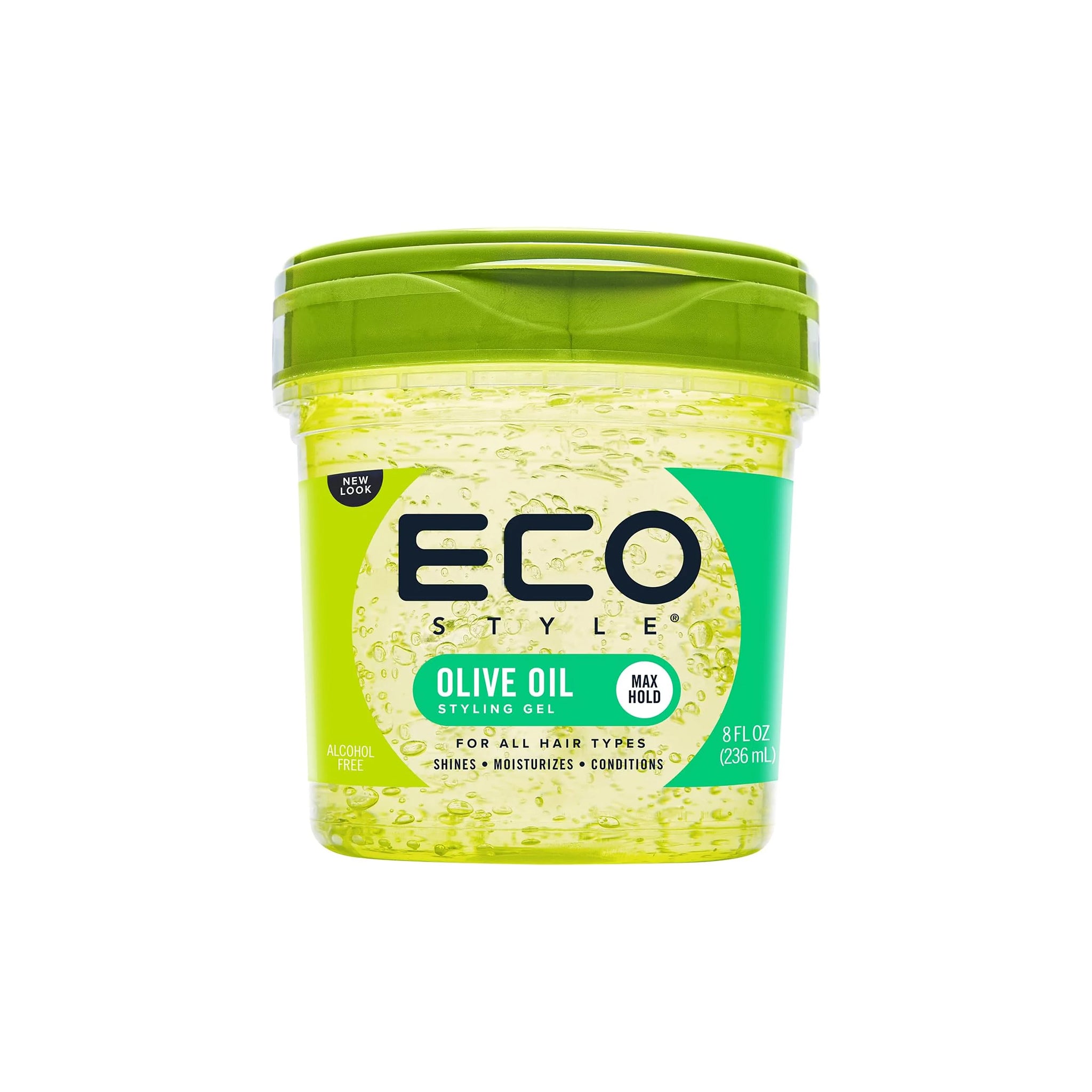 Grøn beholder Eco Style Styling Gel Olive Oil 236ml med gennemsigtigt låg, alkoholfri gelé med olivenolie til fugt, glans og stærkt hold.