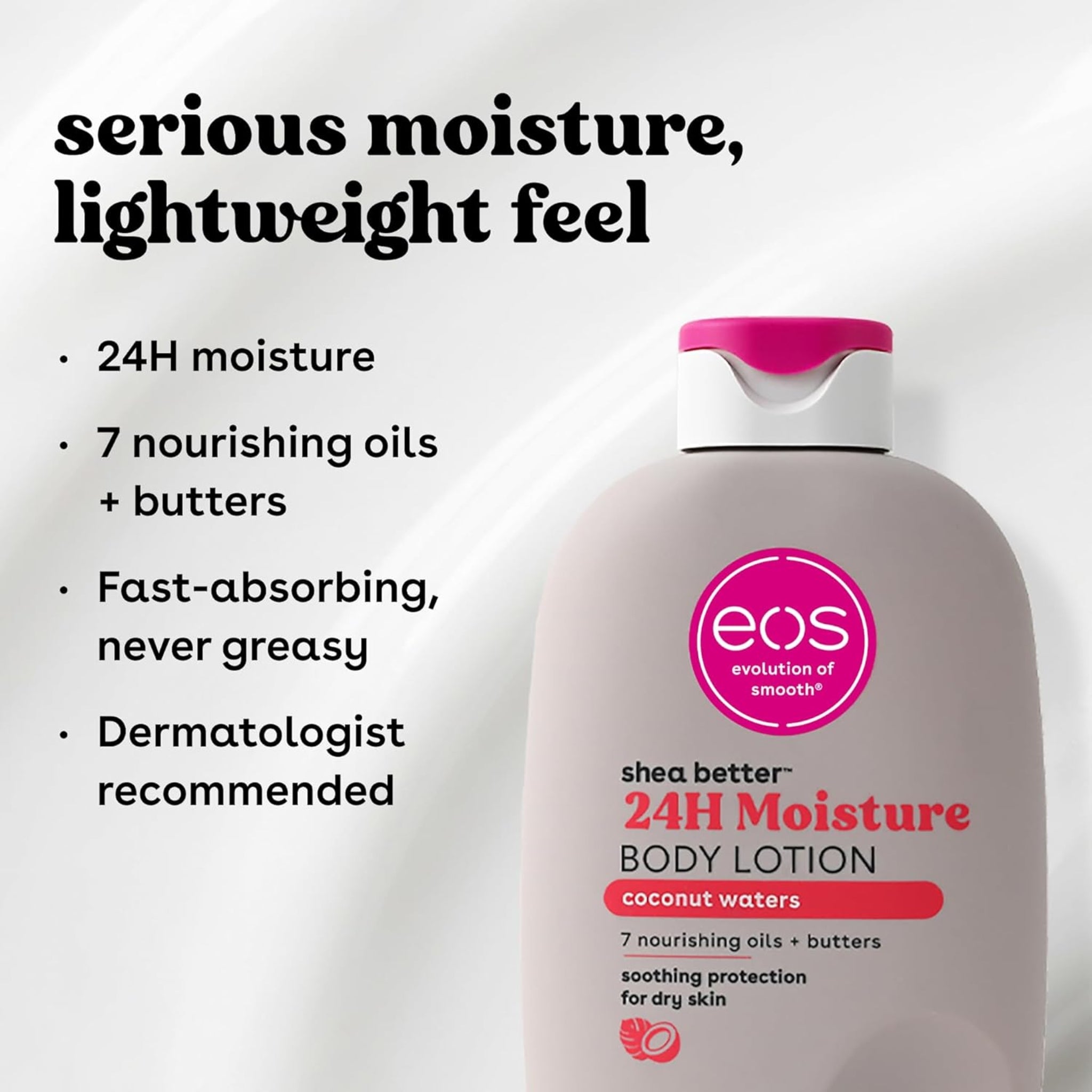 eos Shea Better 24H Moisture Body Lotion i lyserød flaske med lyserødt låg, coconut waters duft.