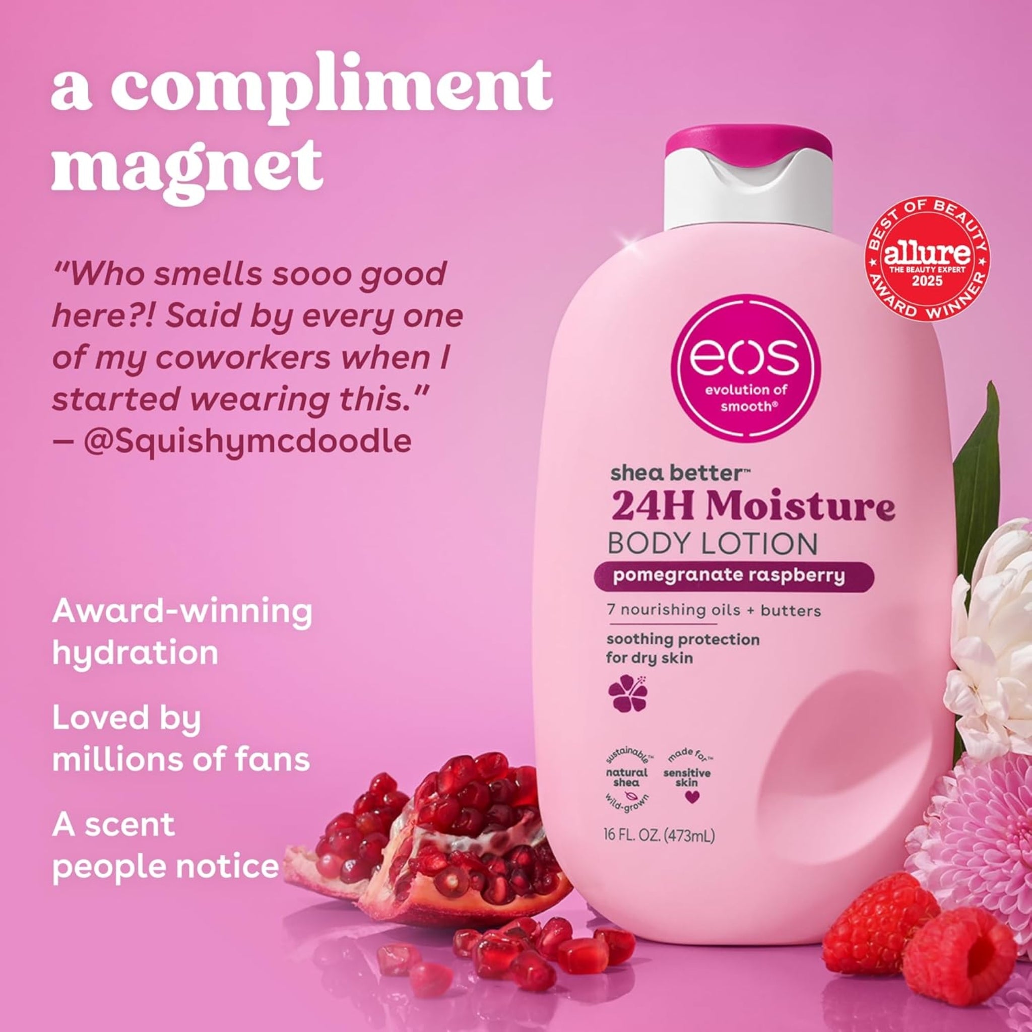 eos Shea Better 24H Moisture body lotion i pomegranate raspberry, flaske omgivet af granatæble og hindbær på lyserød baggrund.