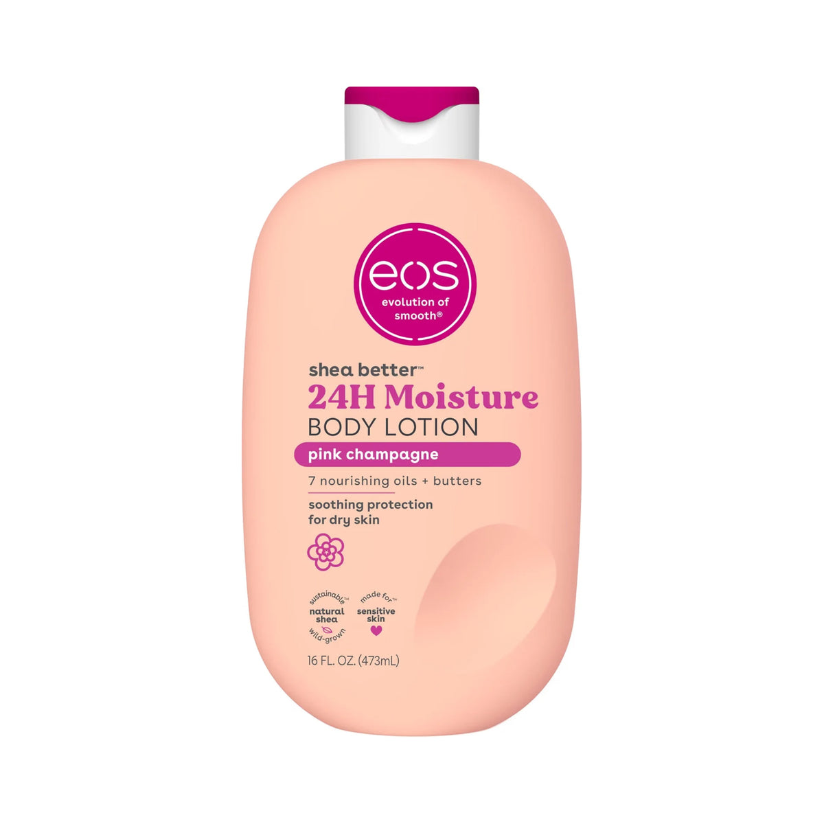 eos Shea Better 24H Moisture Body Lotion i pink champagne-duft, flaske i lyserød med magenta låg, 473 ml.