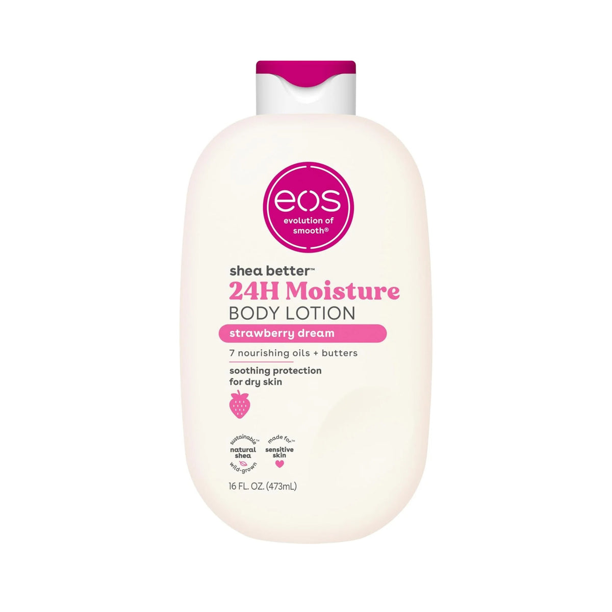 eos Shea Better 24H Moisture Body Lotion i cremefarvet flaske med pink låg, strawberry dream duft, 473 ml.