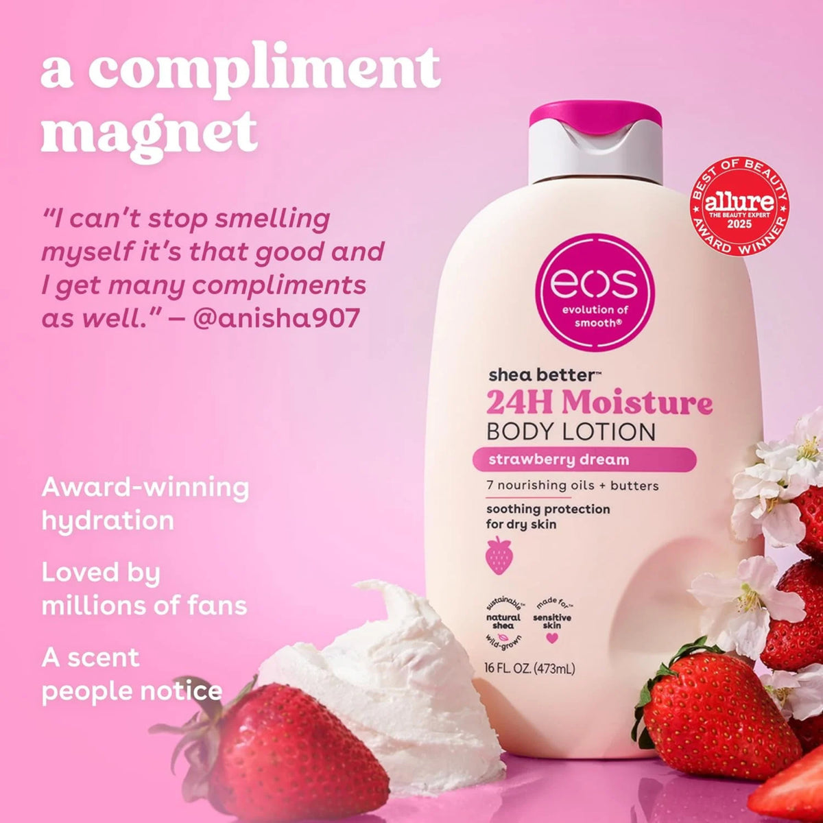 eos Shea Better 24H Moisture Body Lotion i strawberry dream-duft, flaske med jordbær og flødeskum på lyserød baggrund.