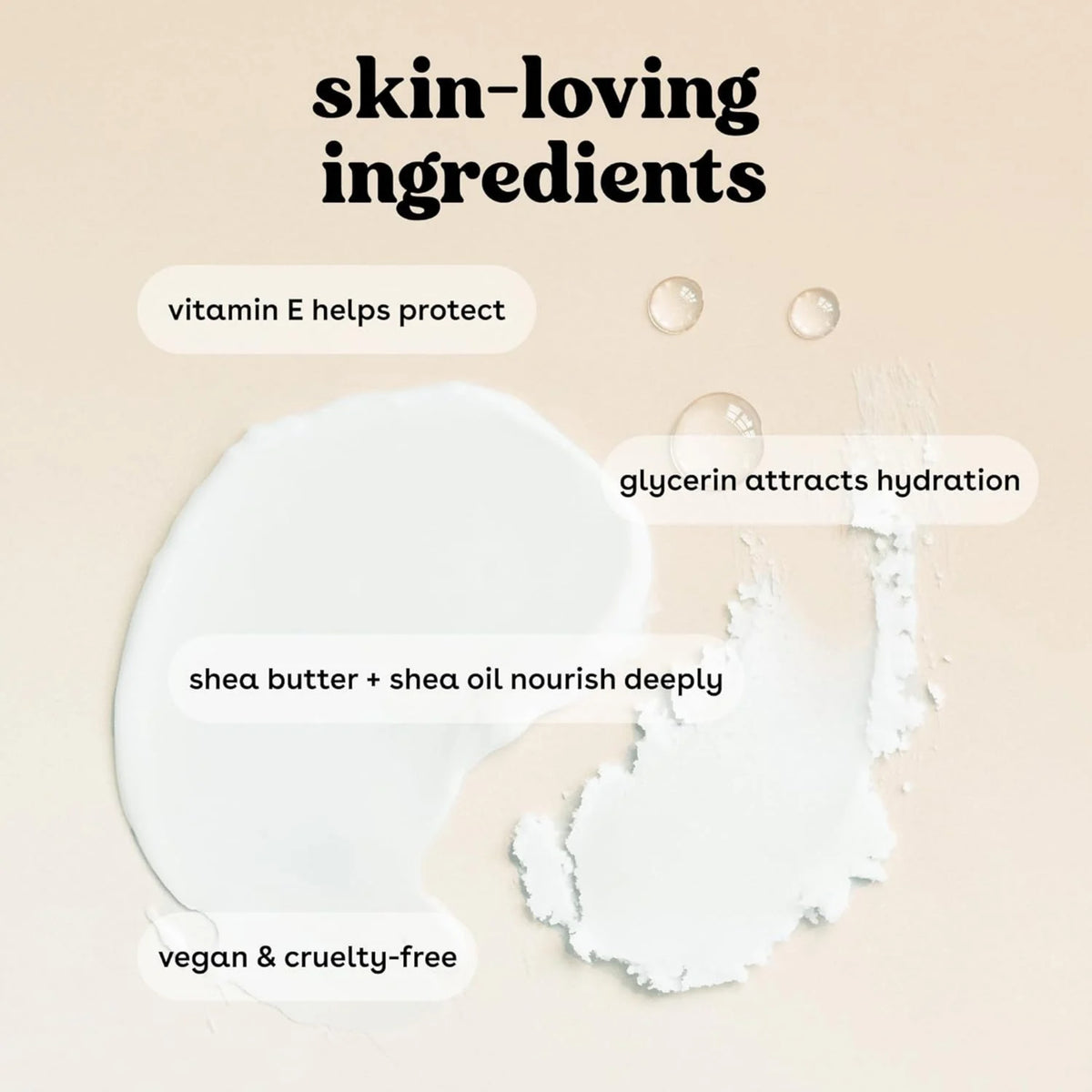 Hvid cremet lotion med vanddråber, tekst fremhæver vitamin E, glycerin, sheasmør og vegansk hudpleje.