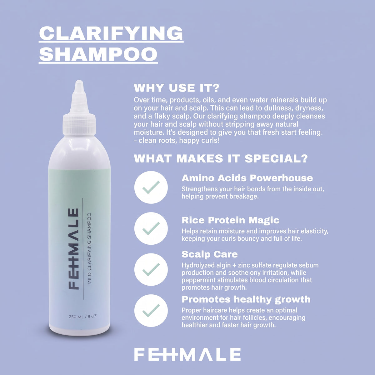 Fehmale Clarifying Shampoo-flaske i mintgrøn og hvid med info om aminosyrer, risprotein og hovedbundspleje.