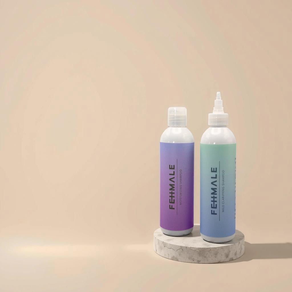 To Fehmale flasker på rund stensokkel mod beige baggrund, venstre lilla Moisturizing Shampoo og højre grøn-blå Clarifying Shampoo 250ml.