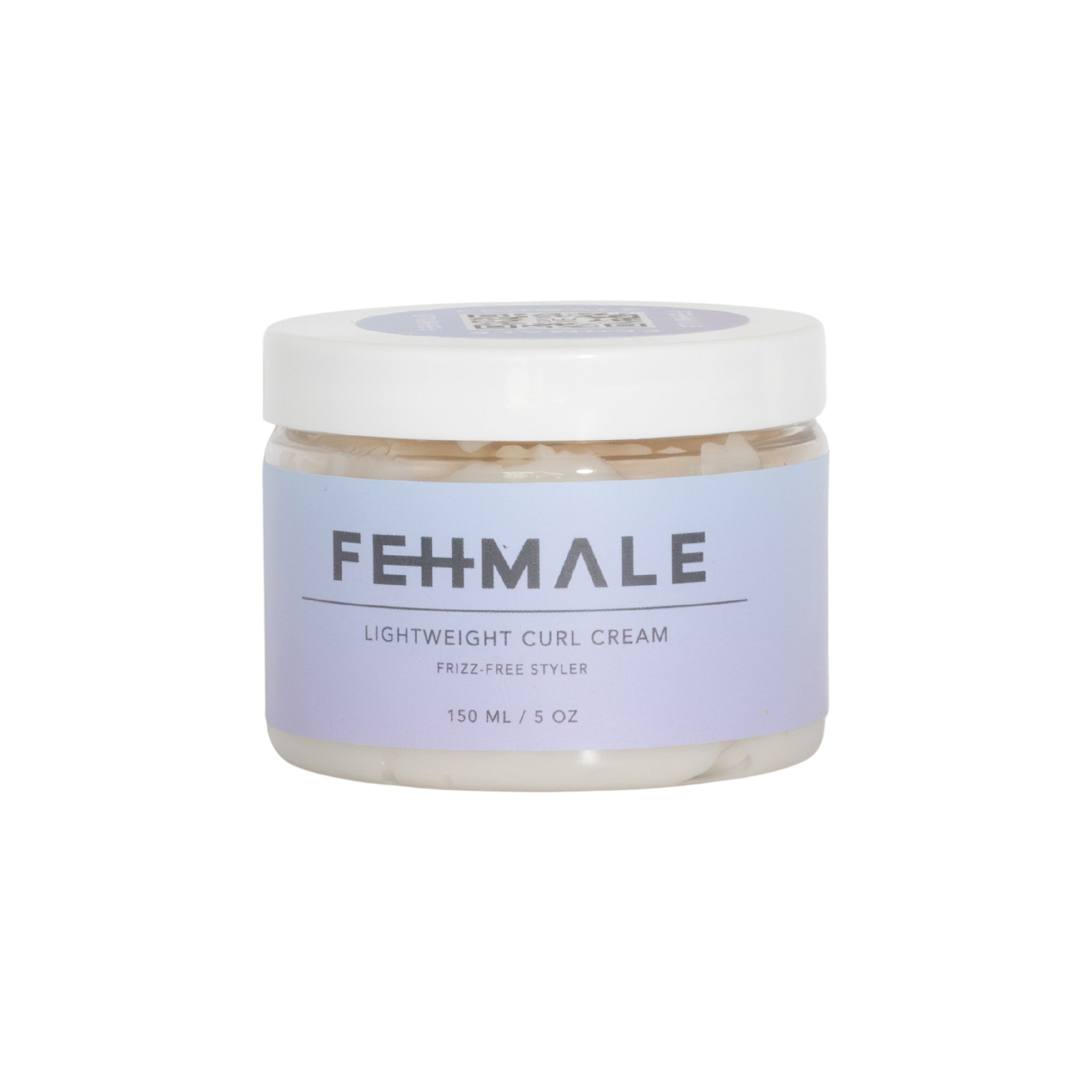 FEHHMALE Lightweight Curl Cream i gennemsigtig krukke med lilla label og hvid låg, 150 ml krøllecreme mod frizz.
