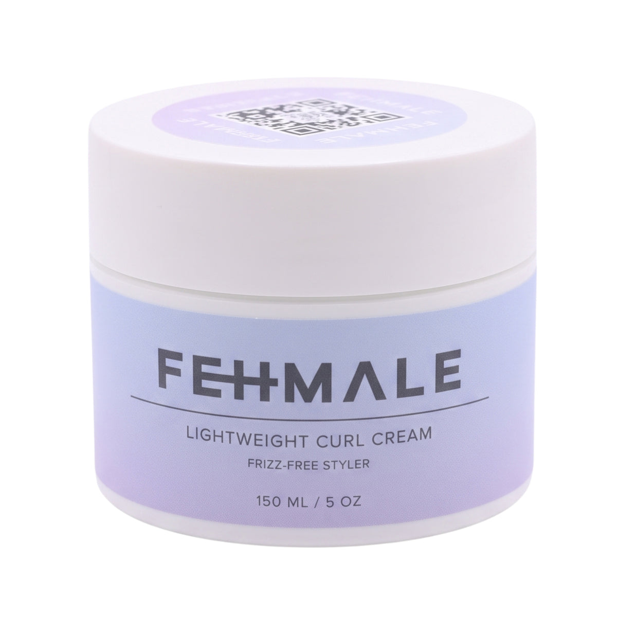 Hvid krukke med lyslilla etiket af FEHMALE Lightweight Curl Cream, frizz-free styler på 150 ml.