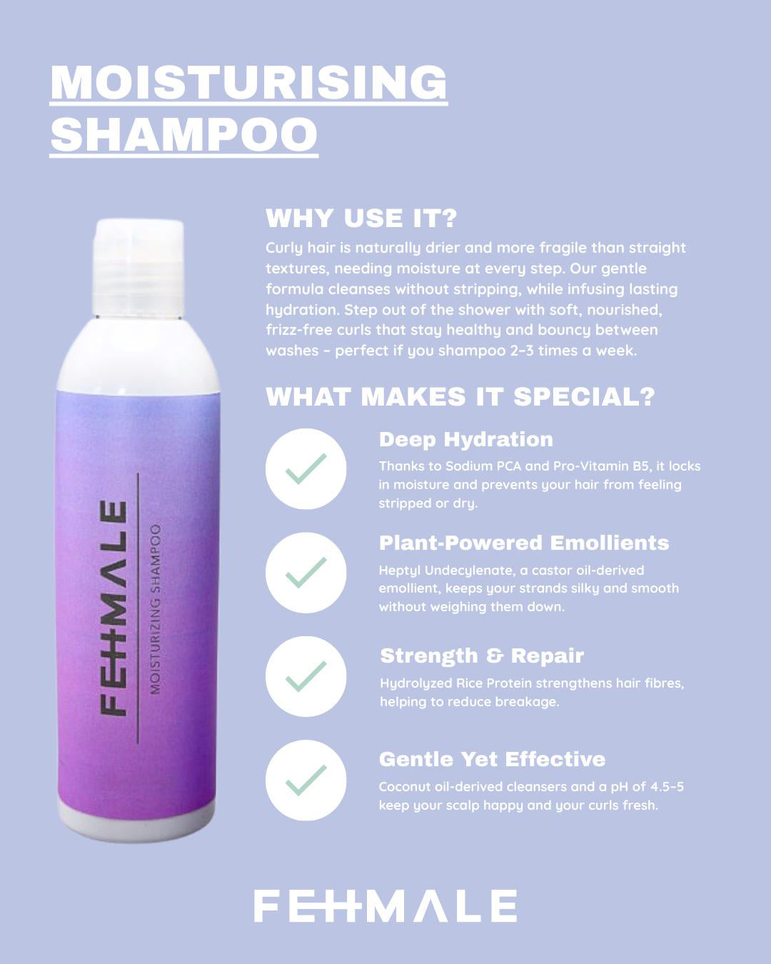 Fehmale Moisturizing Shampoo 250ml med lilla gradientflaske, fremhævet fordyb hydrering, planteolier og styrkende risprotein.