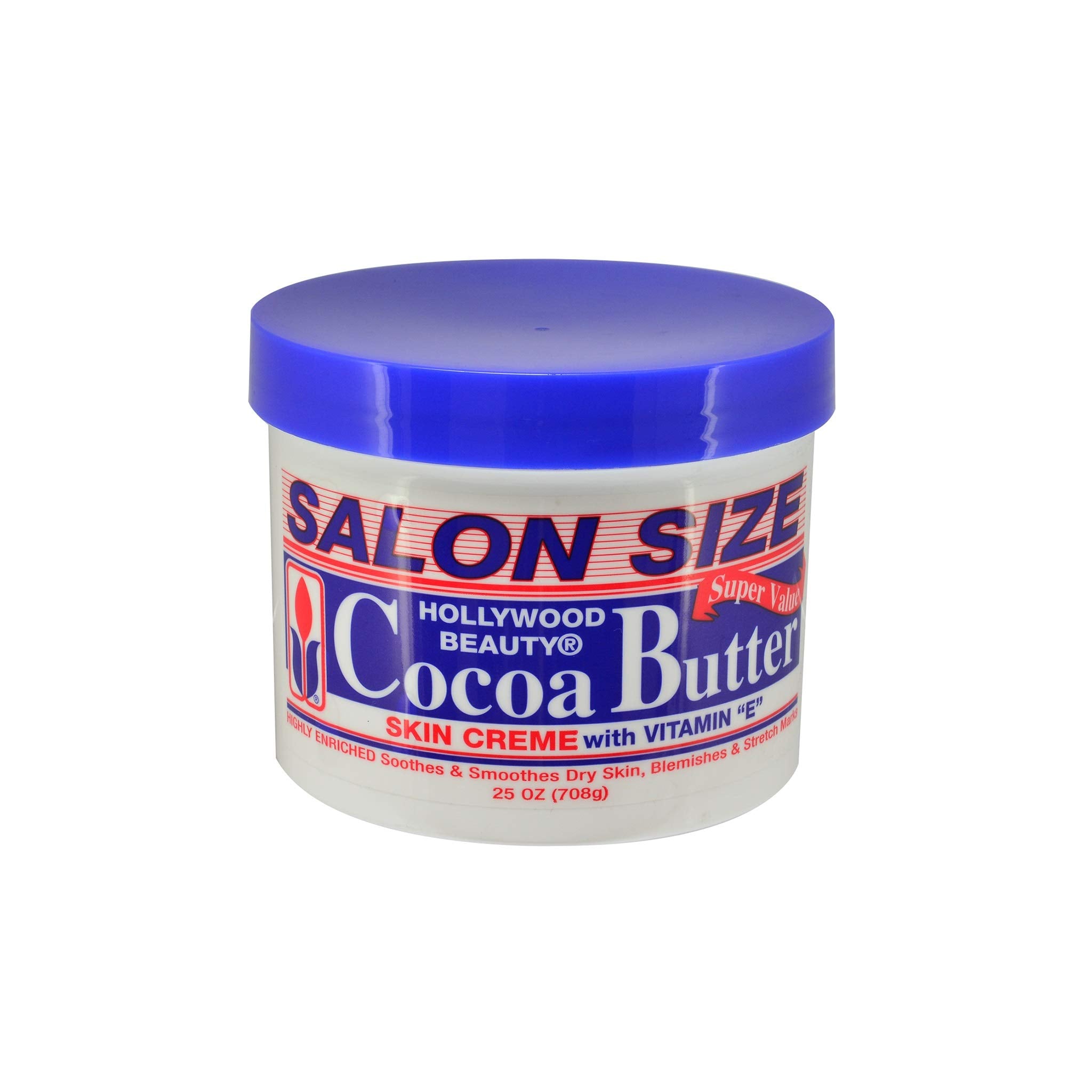 Stor beholder i plast (708g) Hollywood Beauty Cocoa Butter Skin Creme med blåt låg og hvid etiket.