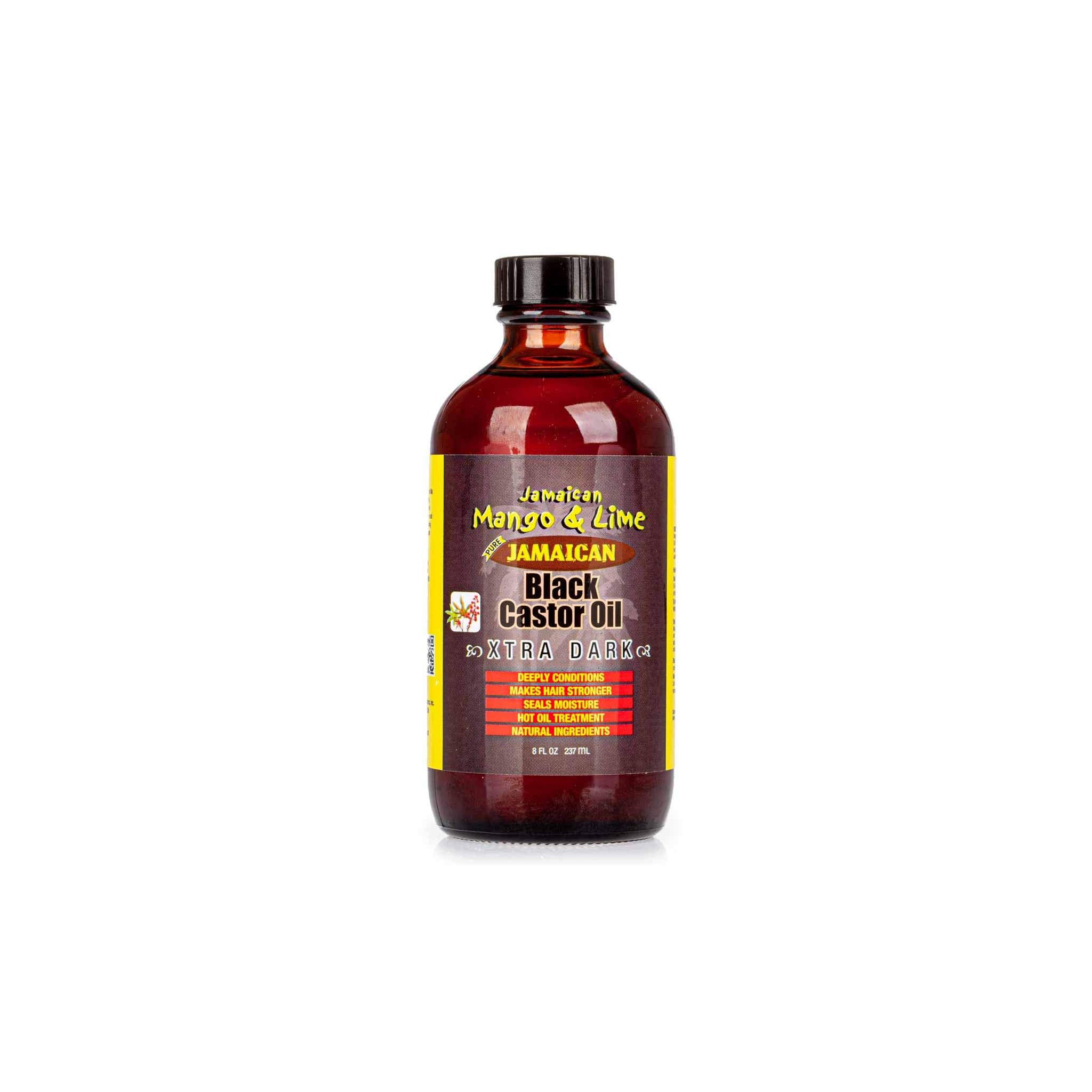 Frontbillede af Jamaican Mango & Lime Black Castor Oil Xtra Dark, der viser etiketten med information om produktets fordele og ingredienser.