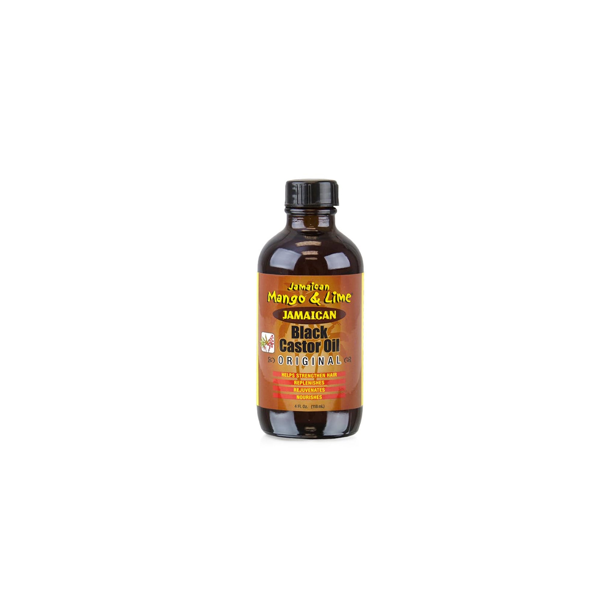 237 ml flaske Jamaican Mango & Lime Pure Black Castor Oil Original med sort låg og gulbrun etiket.