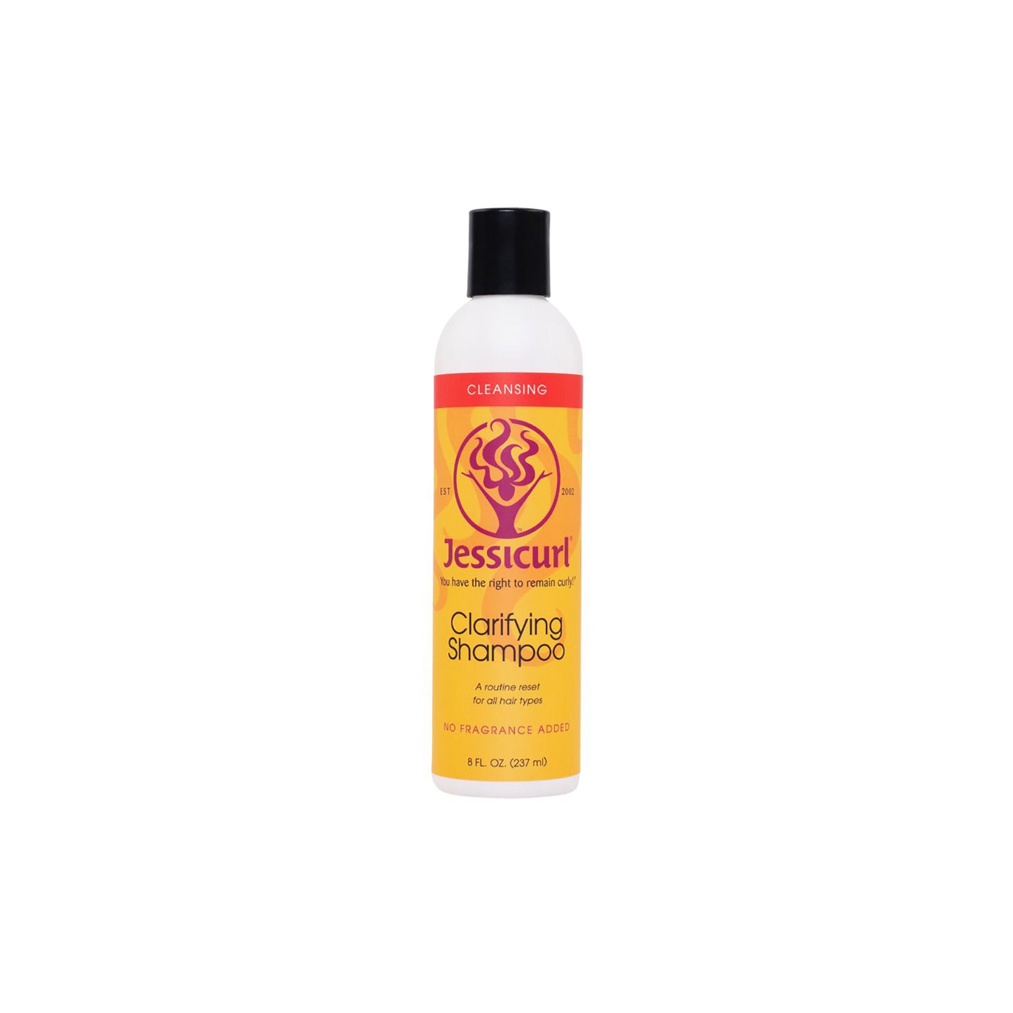 Jessicurl Clarifying Shampoo 235ml i hvid flaske med sort låg og gul-orange etiket med rød top og lilla logo.
