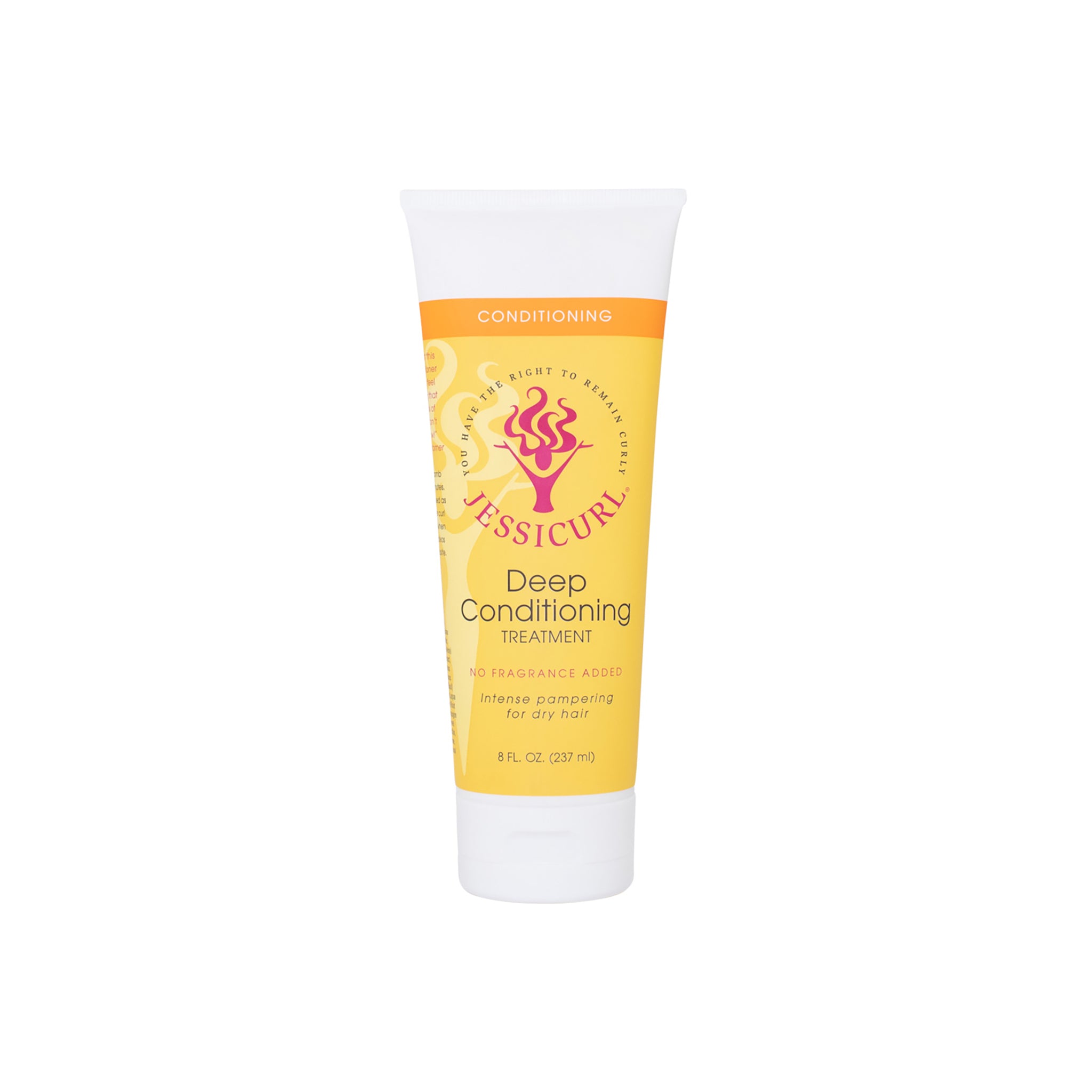 Jessicurl Deep Conditioning Treatment 235ml i hvid tube med gul-orange etiket og lilla logo til intensiv fugtpleje.