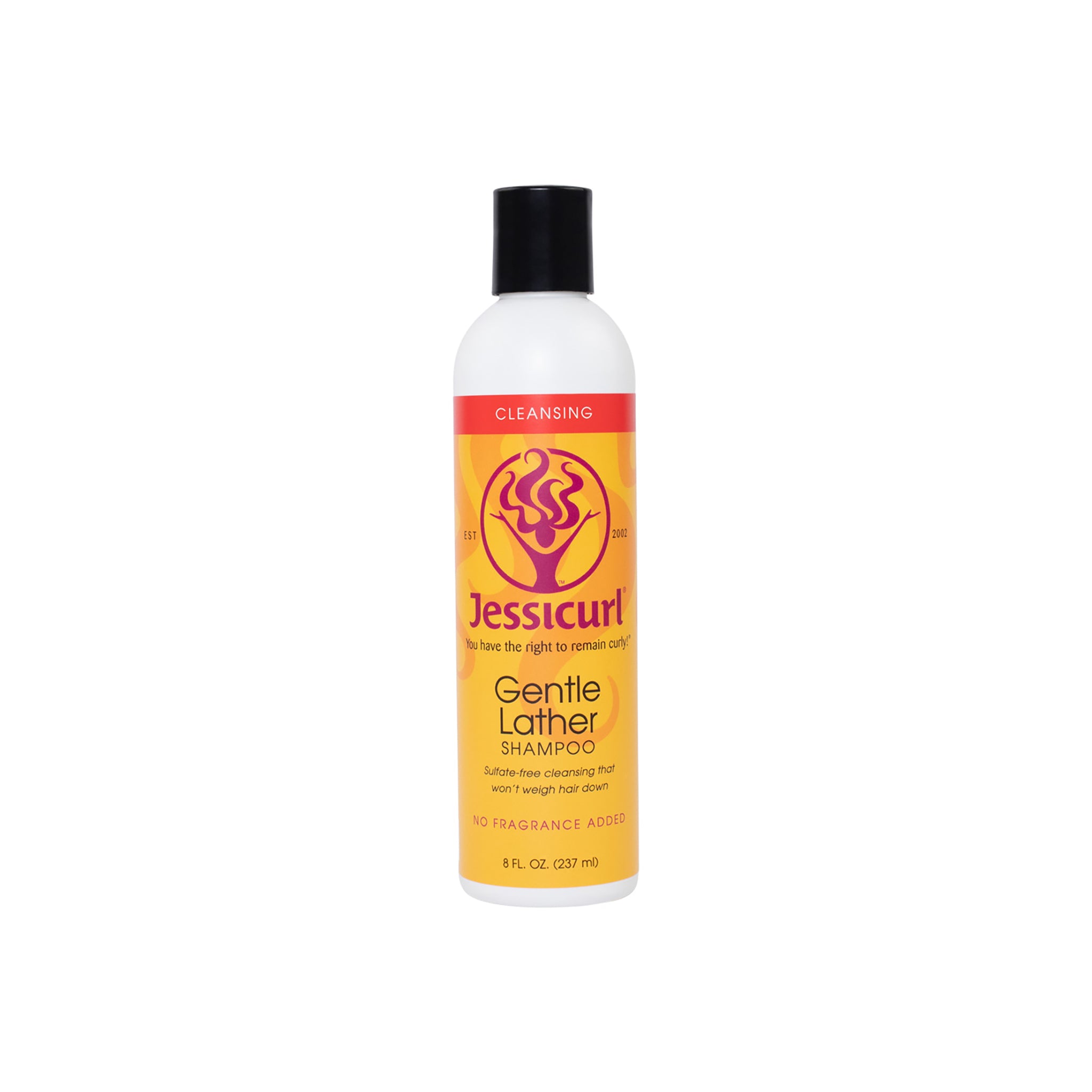 Jessicurl Gentle Lather Shampoo 235ml i hvid flaske med sort låg og gul-orange etiket med rød top og lilla logo.