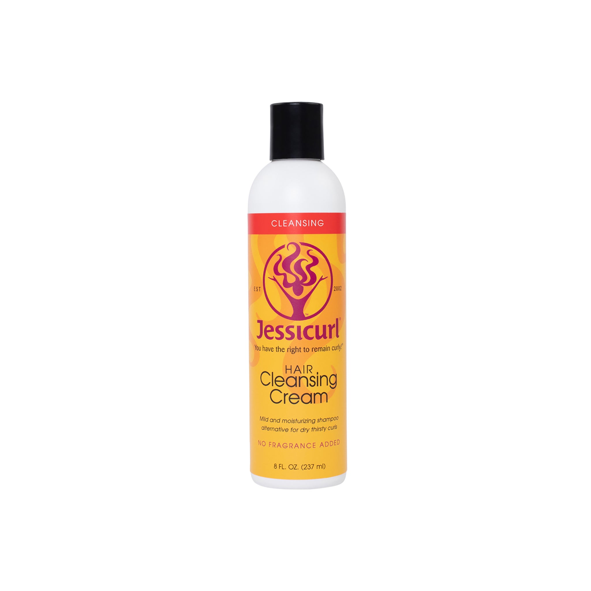 Jessicurl Hair Cleansing Cream Shampoo Fragrance Free 235ml i hvid flaske med sort låg og gul-orange etiket.