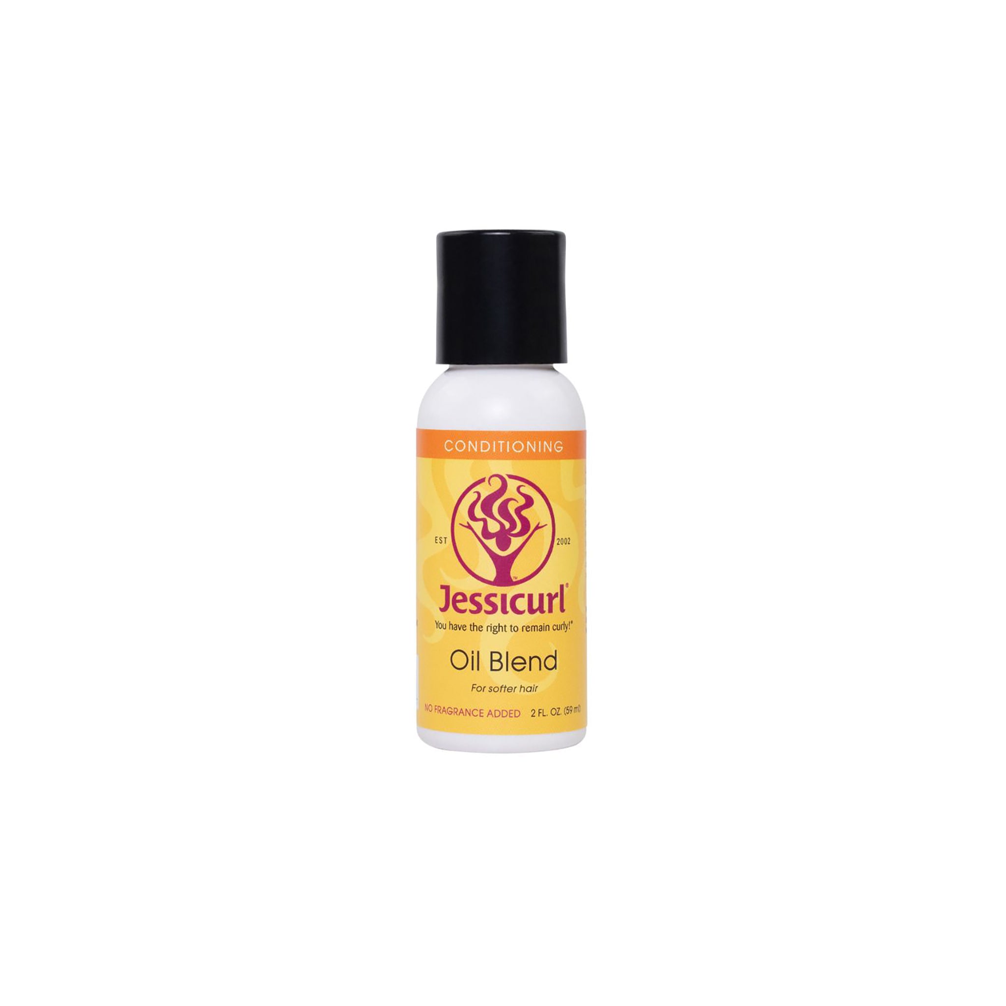 Jessicurl Oil Blend for Softer Hair 59ml i hvid flaske med sort låg og gul-orange etiket med lilla logo.