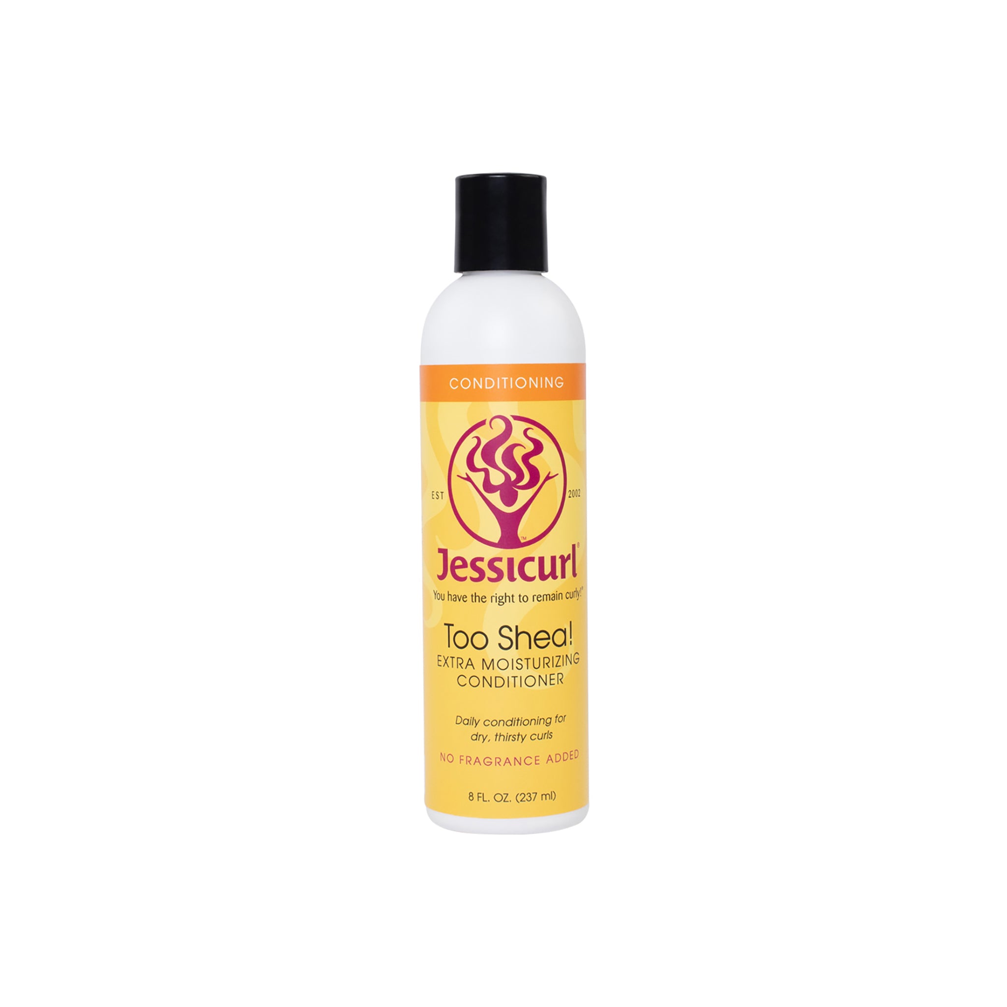Jessicurl Too Shea! Extra Moisturizing Conditioner 235ml i hvid flaske med sort låg og gul-orange etiket med lilla logo.