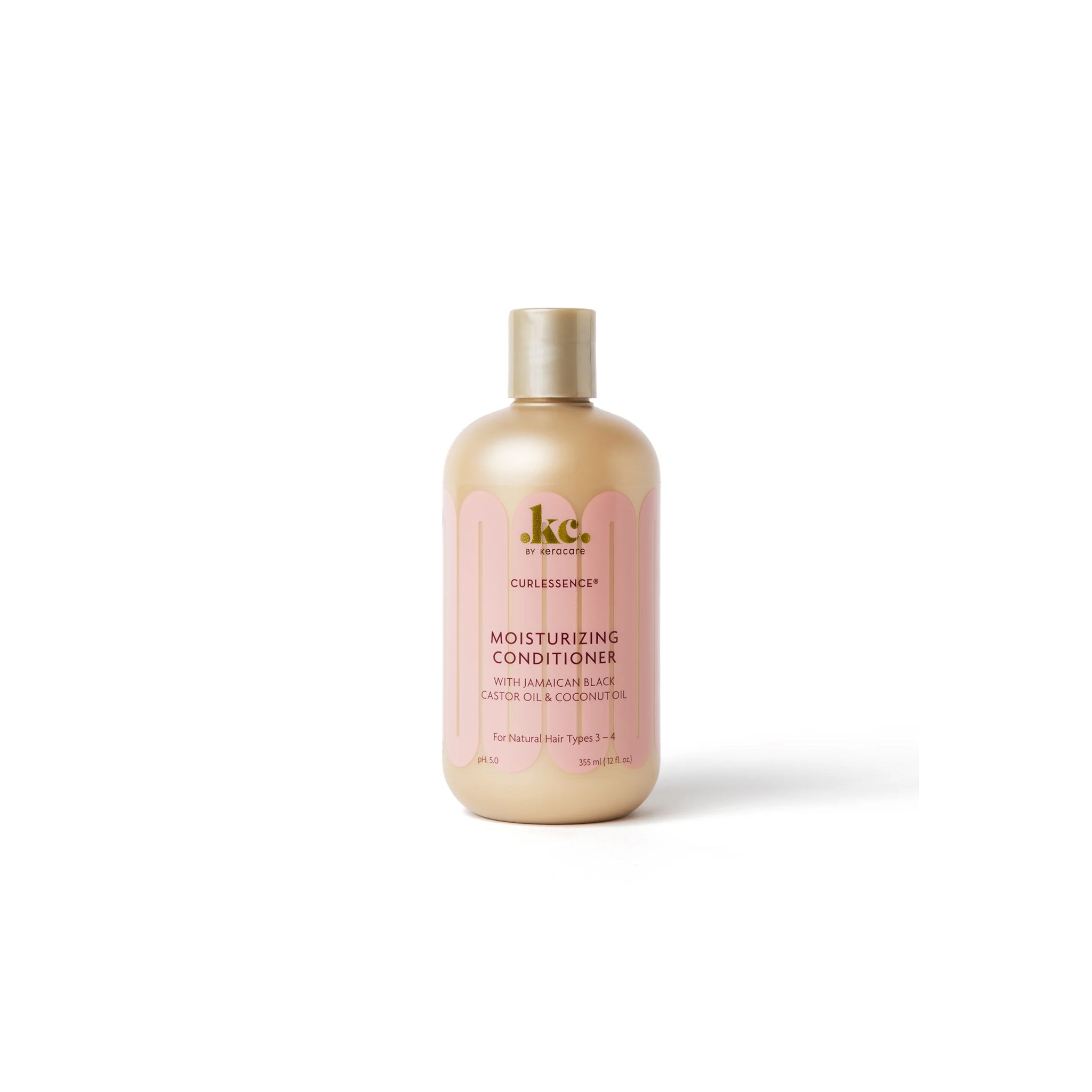 Gylden flaske med Keracare Curlessence Moisturizing Conditioner med jamaicansk sort ricinusolie og kokosolie.