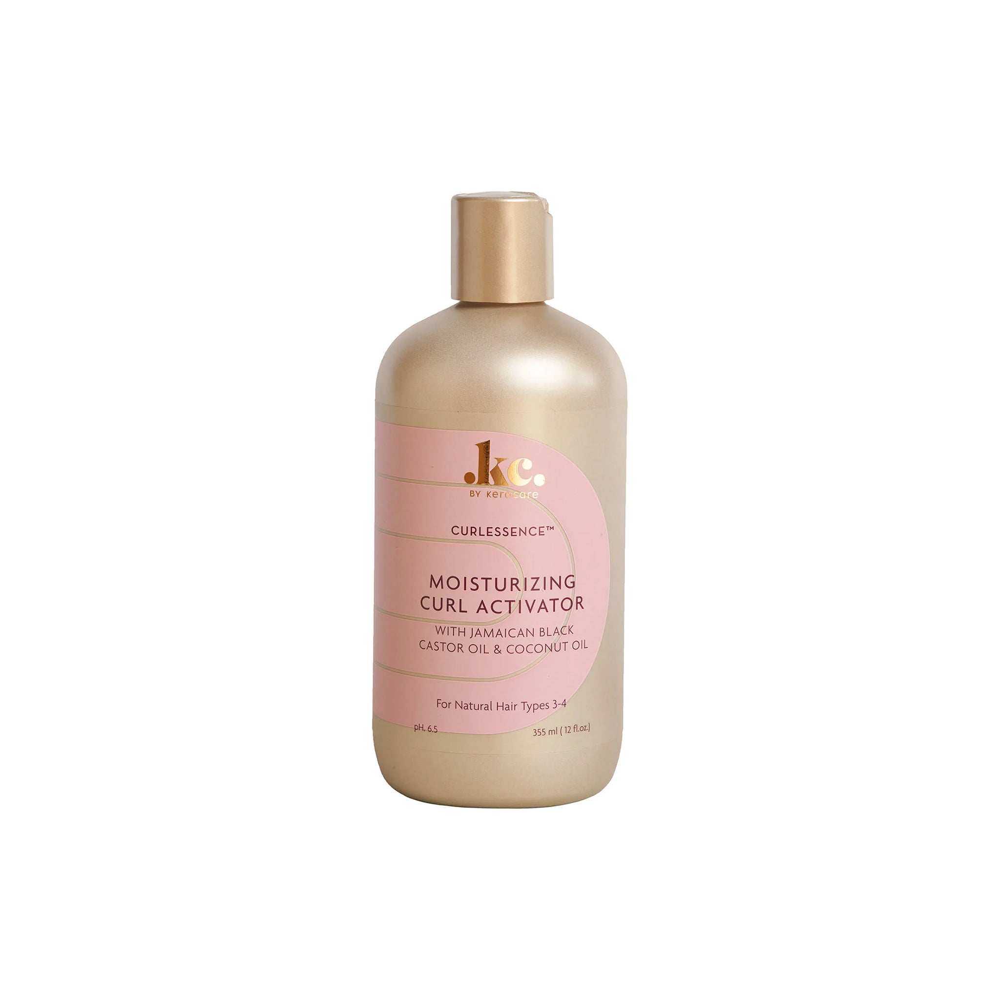 Keracare Curlessence Moisturizing Curl Activator til naturlige hårtyper 3-4, 355 ml flaske med guld låg.