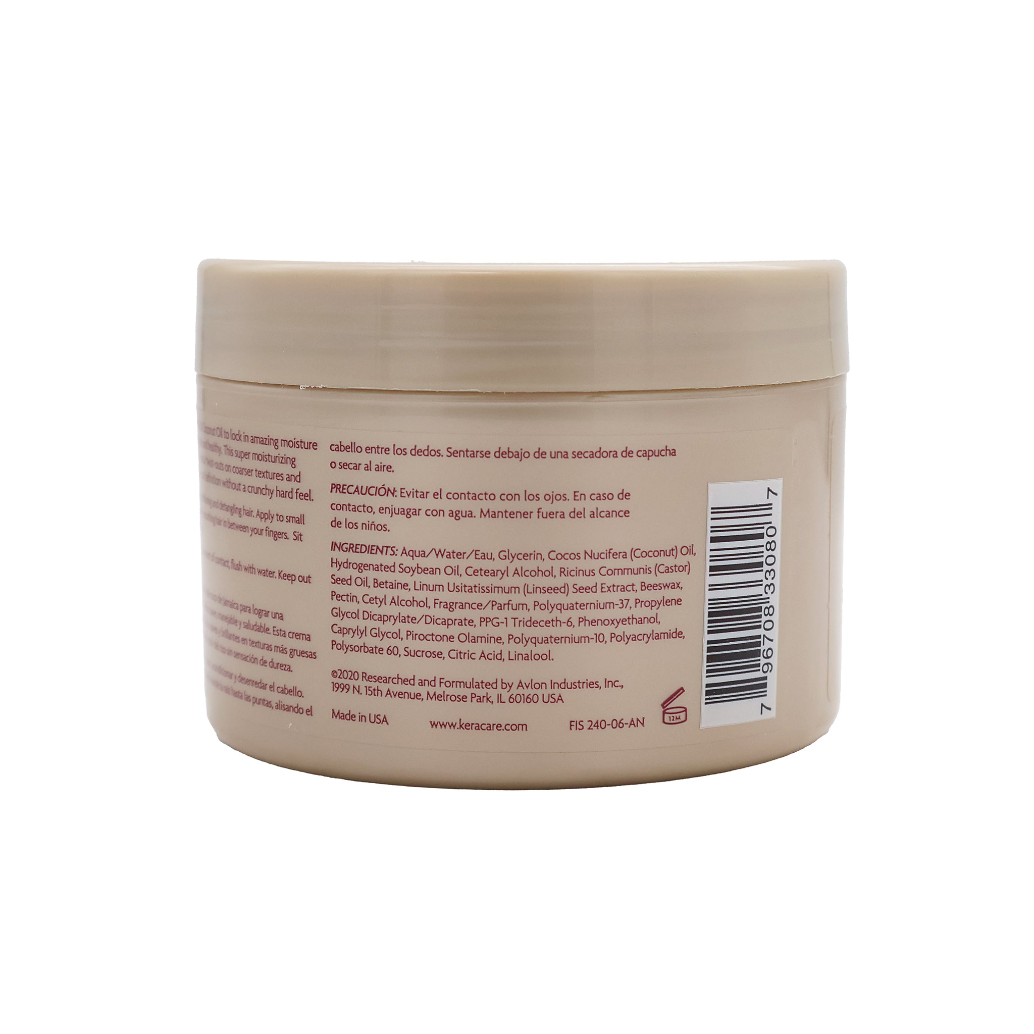 Bagsiden af KeraCare Curlessence Moisturizing Curling Cream-krukken med information på engelsk og spansk, herunder ingrediensliste.