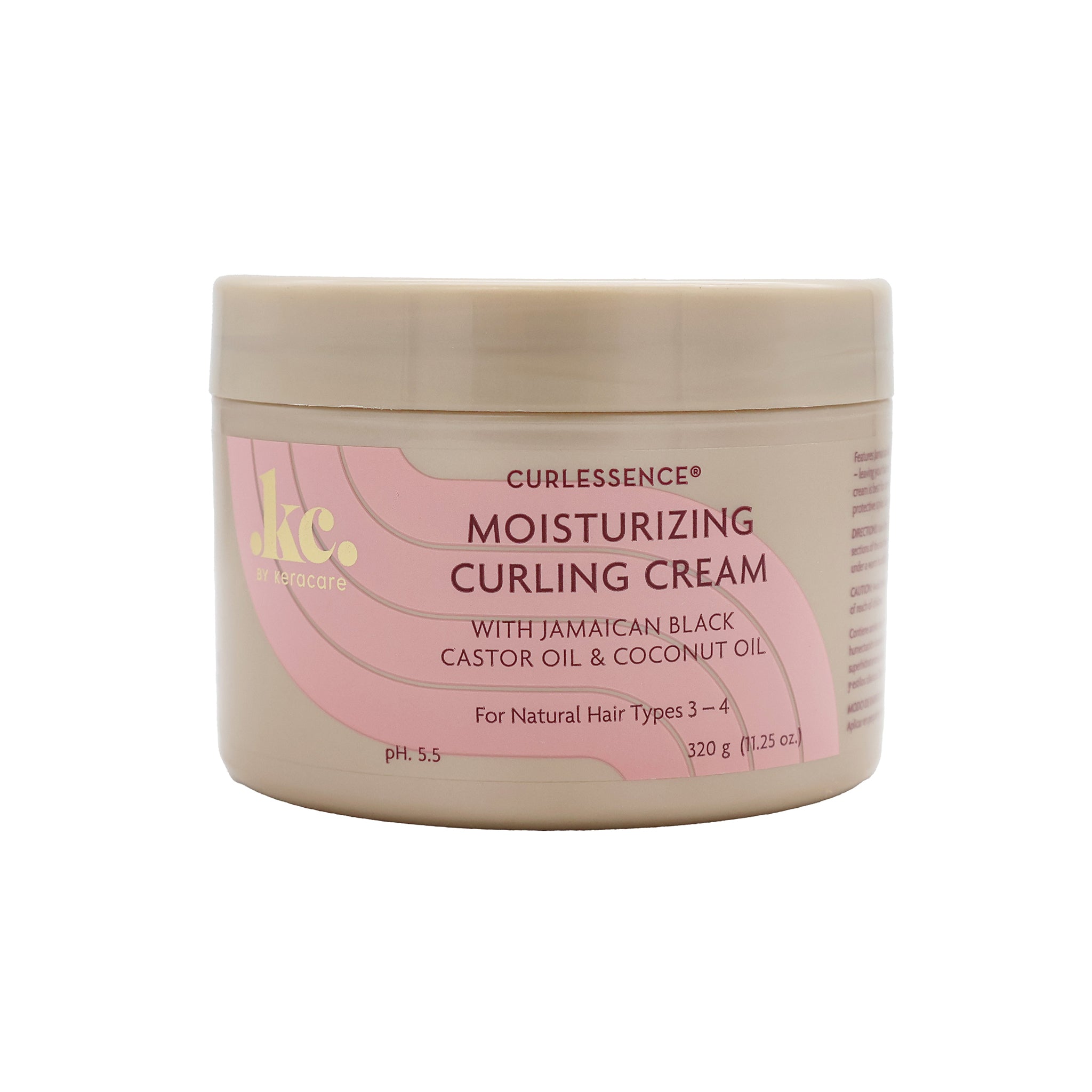 Beholder med KeraCare Curlessence Moisturizing Curling Cream. En fugtgivende creme designet til at definere og fugte naturlige krøller af type 3-4, beriget med jamaicansk sort ricinusolie og kokosolie.
