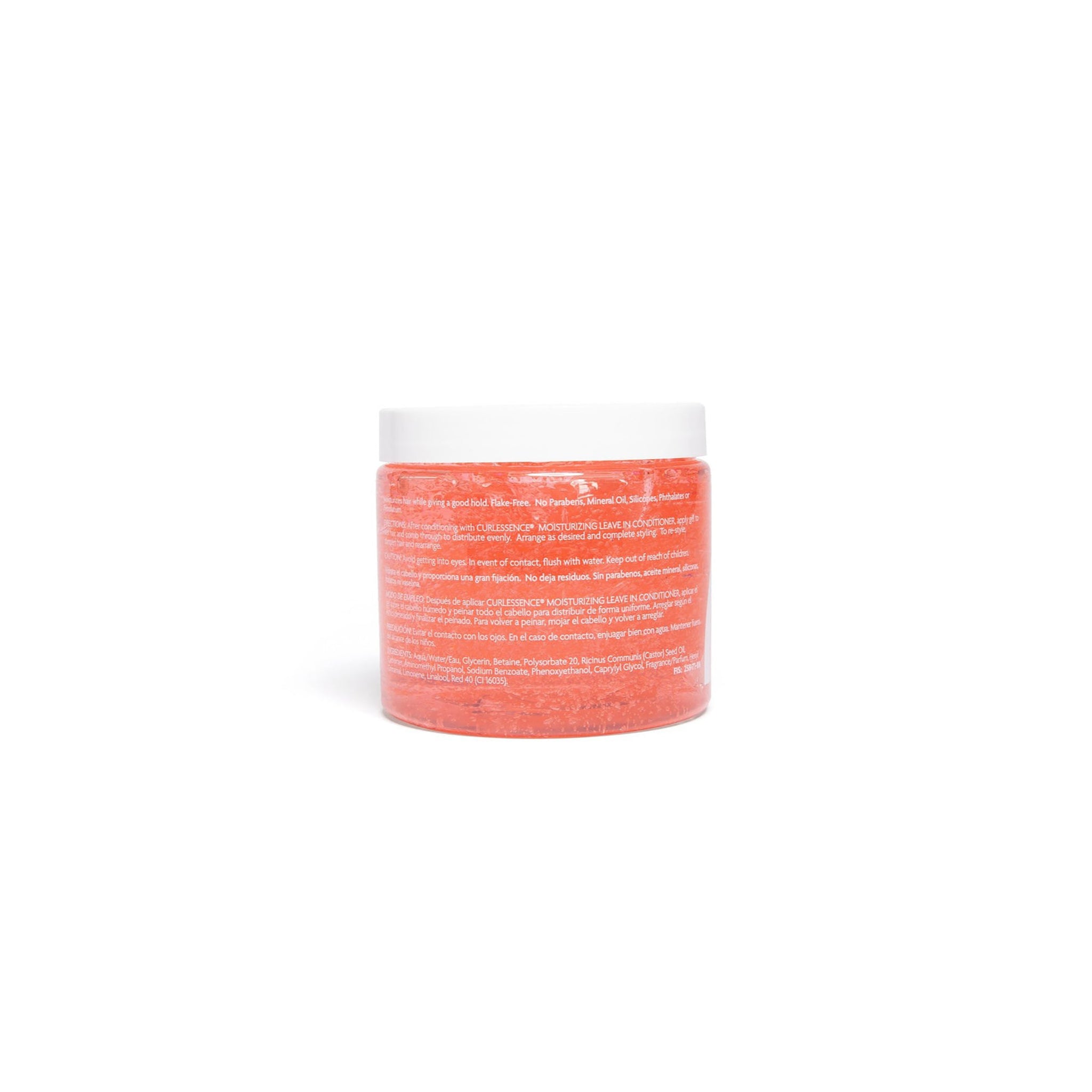 Bagsiden af KeraCare Gelessence Moisturizing Gel. Fokus på tekst med ingredienser, brugsanvisning og information.