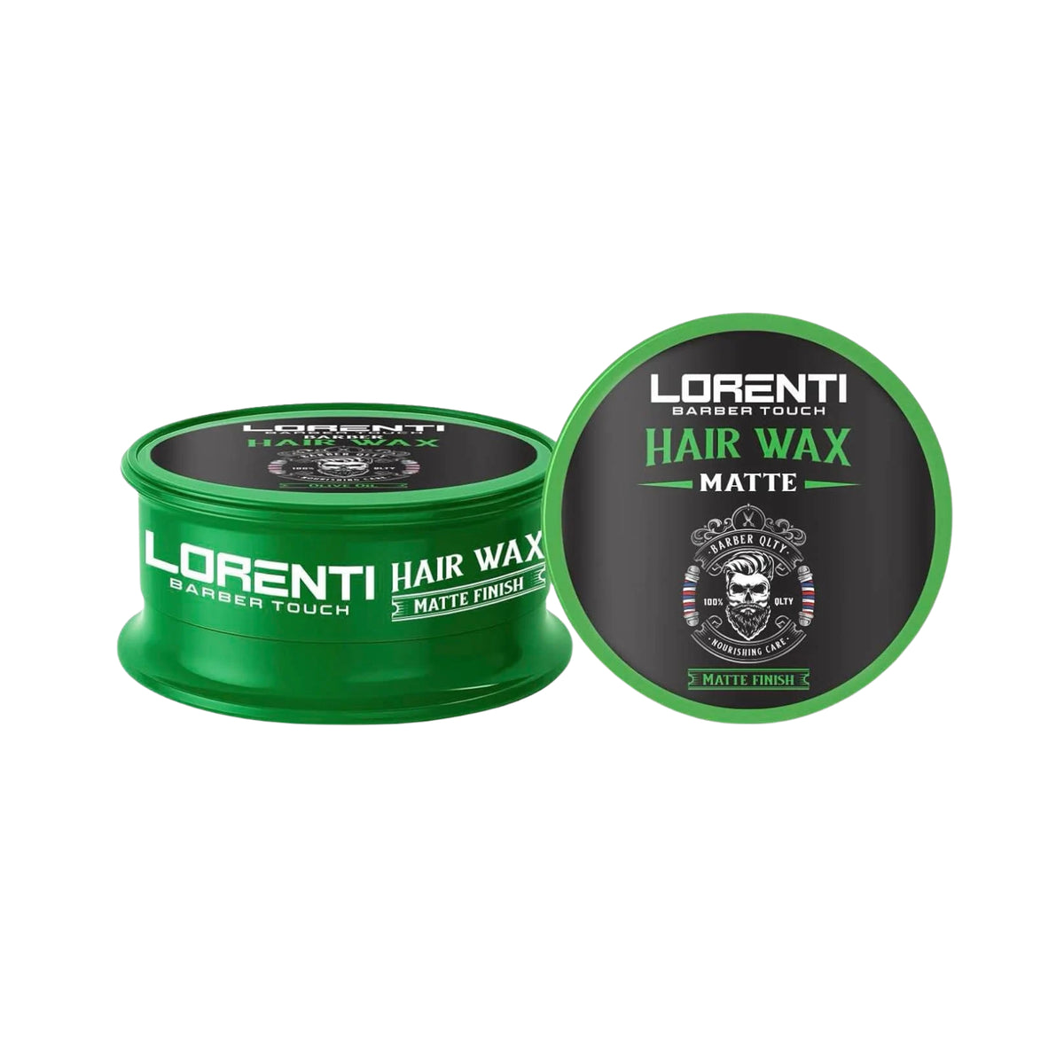 Lorenti Barber Touch Hair Wax Matte Finish i grøn dåse med sort skulllogo, set både fra siden og ovenfra.