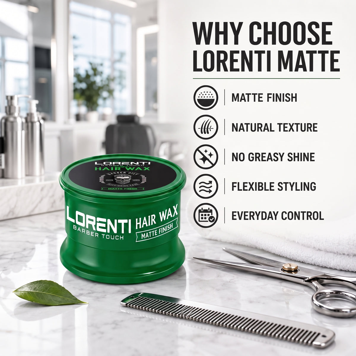 Lorenti Hair Wax grøn dåse med mat finish på marmorbord med saks, kam og grønt blad.