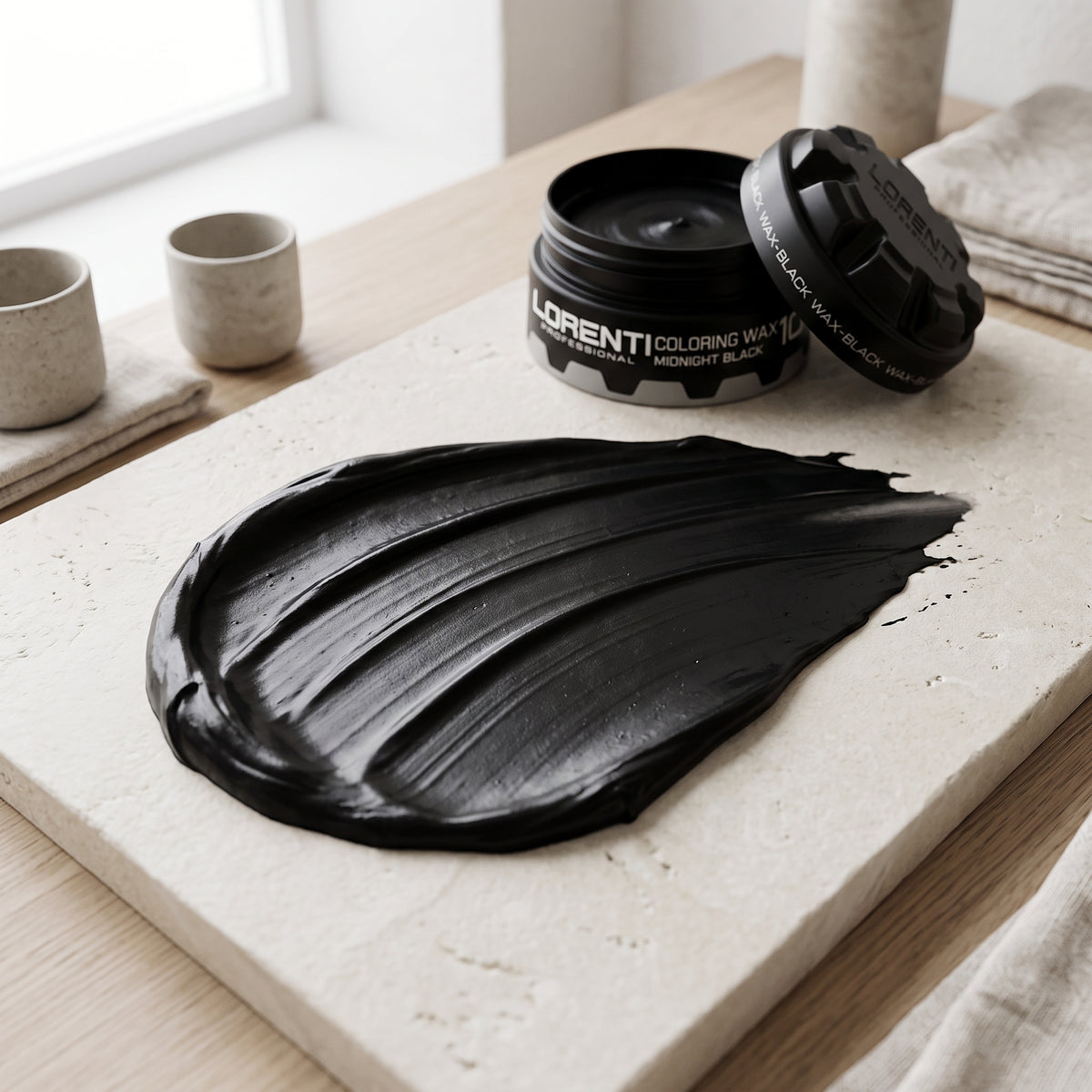 Lorenti Coloring Wax Midnight Black åben dåse med sort voksprøve udstrøget på lys stenplade.