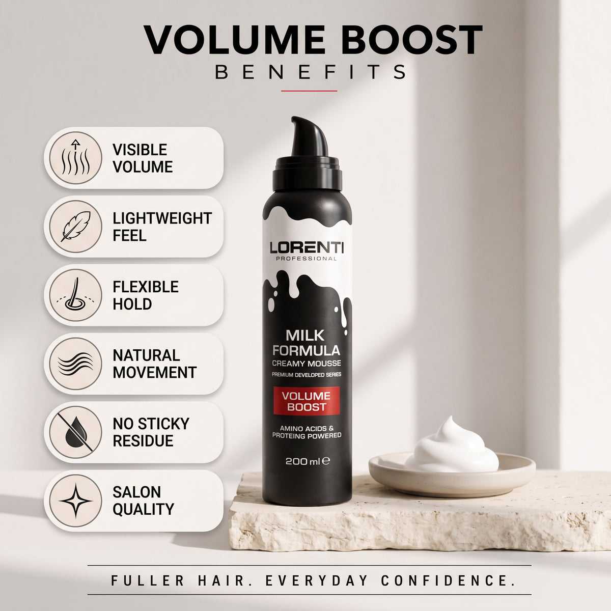 Lorenti Professional Volume Boost mousse i sort flaske med mælkeformel, creme og ikoner for fylde og letvægtsfølelse.