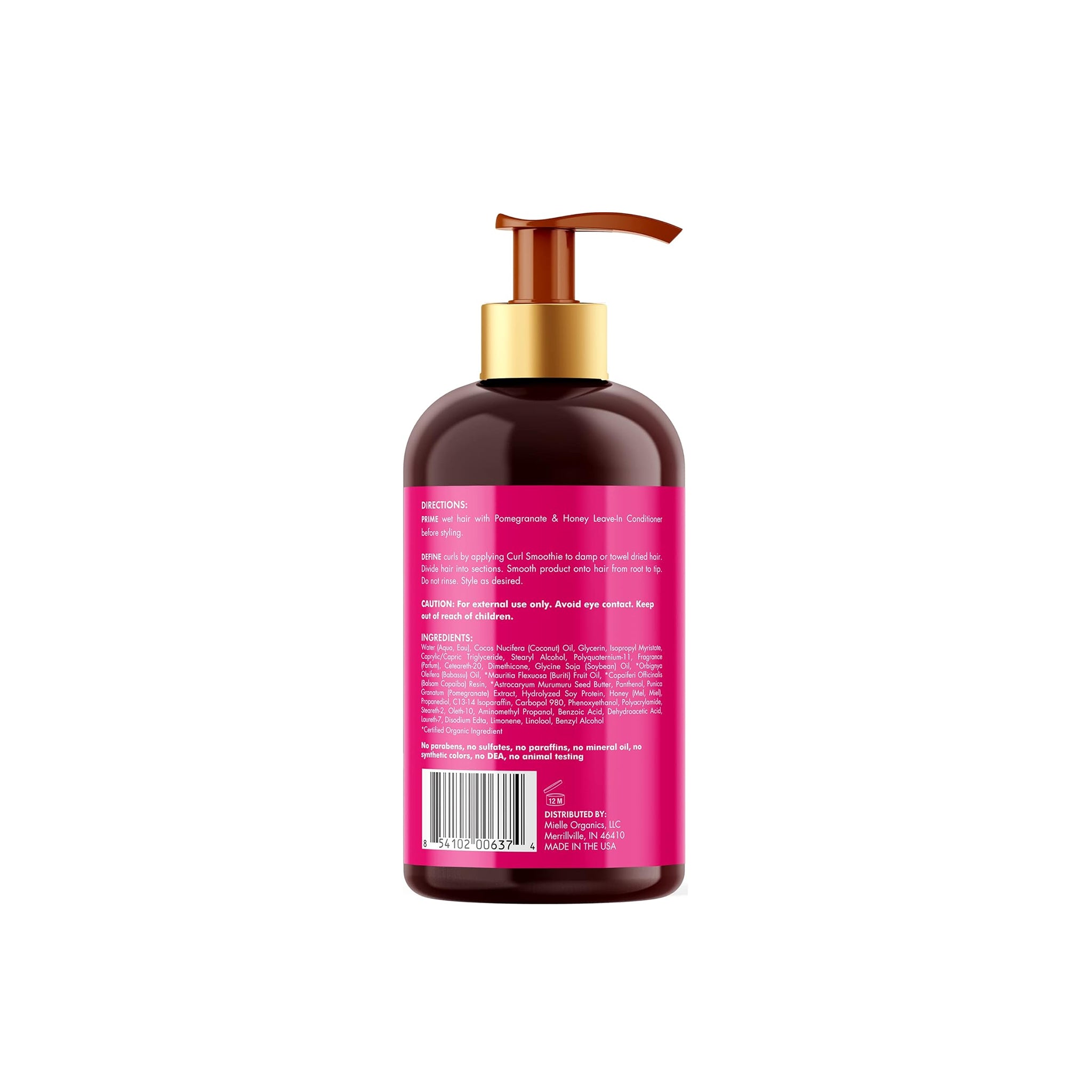 Bagsiden af Mielle Pomegranate & Honey Curl Smoothie (355 ml) viser ingredienser, brugsanvisning til krøllet hår og "fri for"-information.