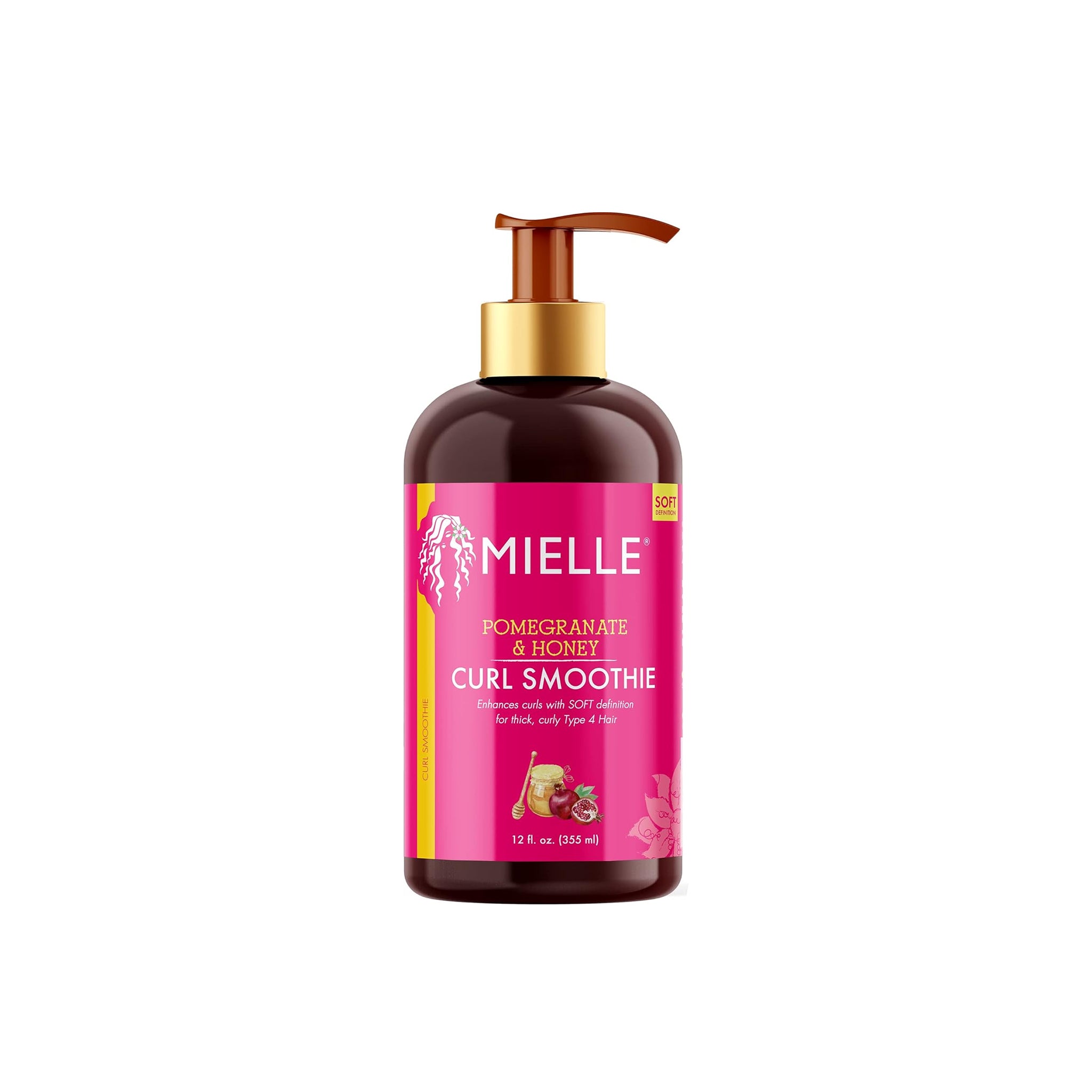 Brun flaske med guldpumpe med Mielle Pomegranate & Honey Curl Smoothie (355 ml) og pink etiket med billede af granatæble og honning.