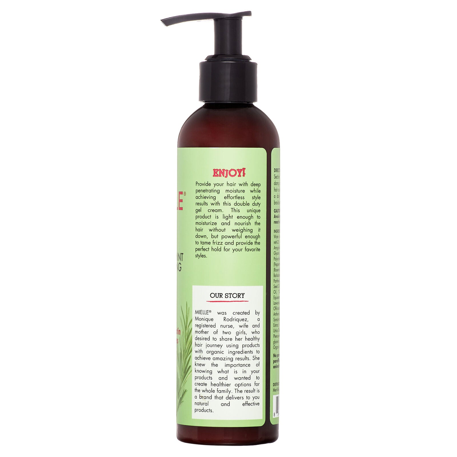 Bagsiden af Mielle Rosemary Mint Multi-Vitamin Daily Styling Crème (240 ml) med produktbeskrivelse og virksomhedshistorie.