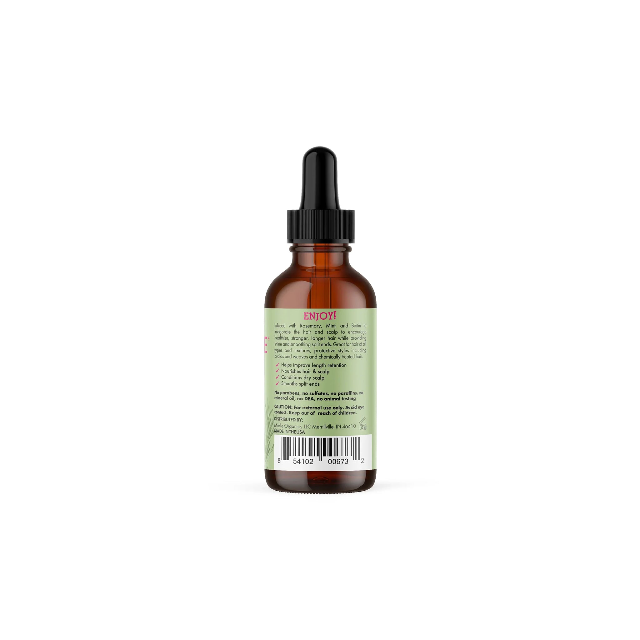 Bagsiden af Mielle Rosemary Mint Scalp & Hair Strengthening Oil (59 ml) med beskrivelse af fordele, ingredienser og information.
