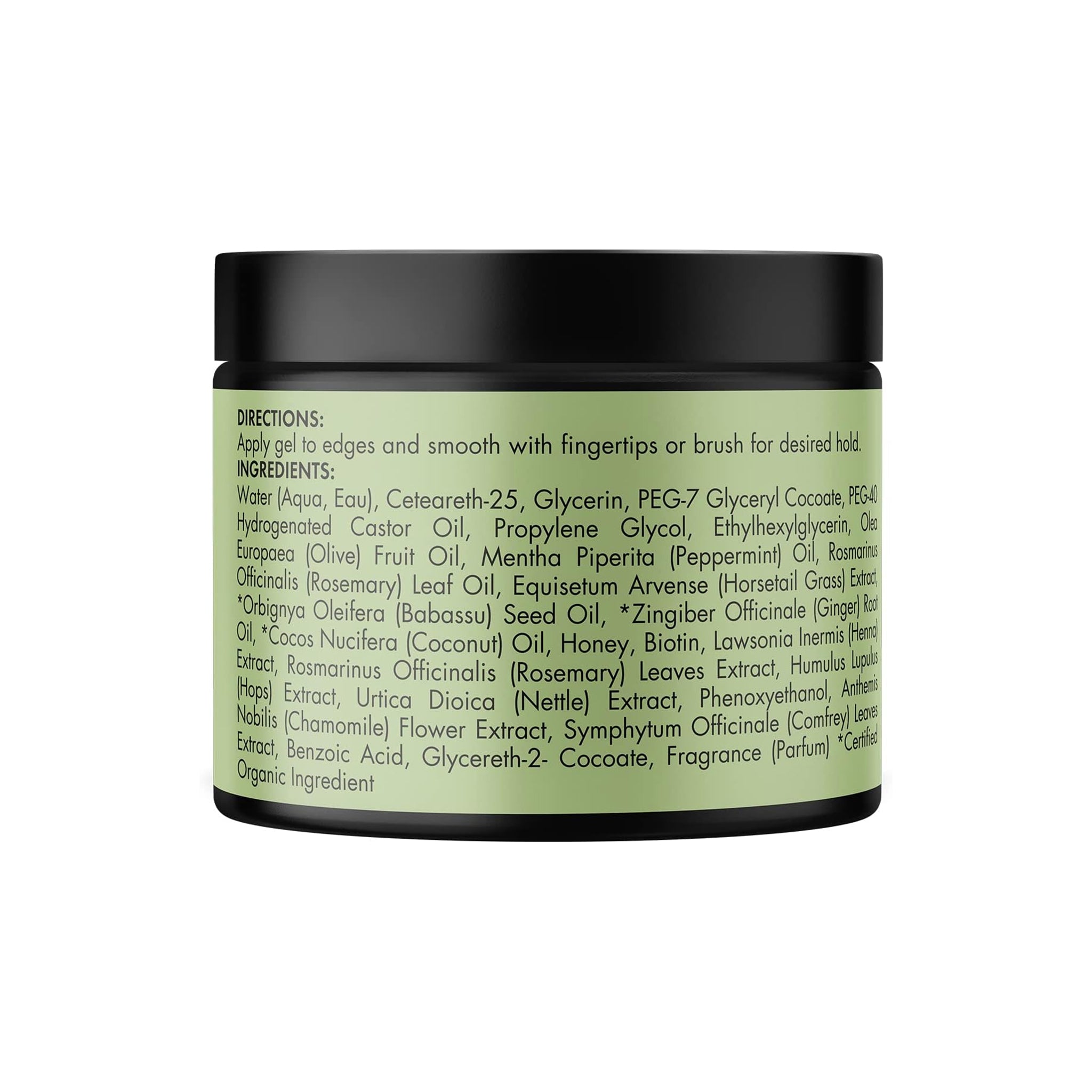 Nærbillede af etiketten på bagsiden af Mielle Rosemary Mint Strengthening Edge Gel (57g), der viser ingredienser, brugsanvisning og producentinformation.