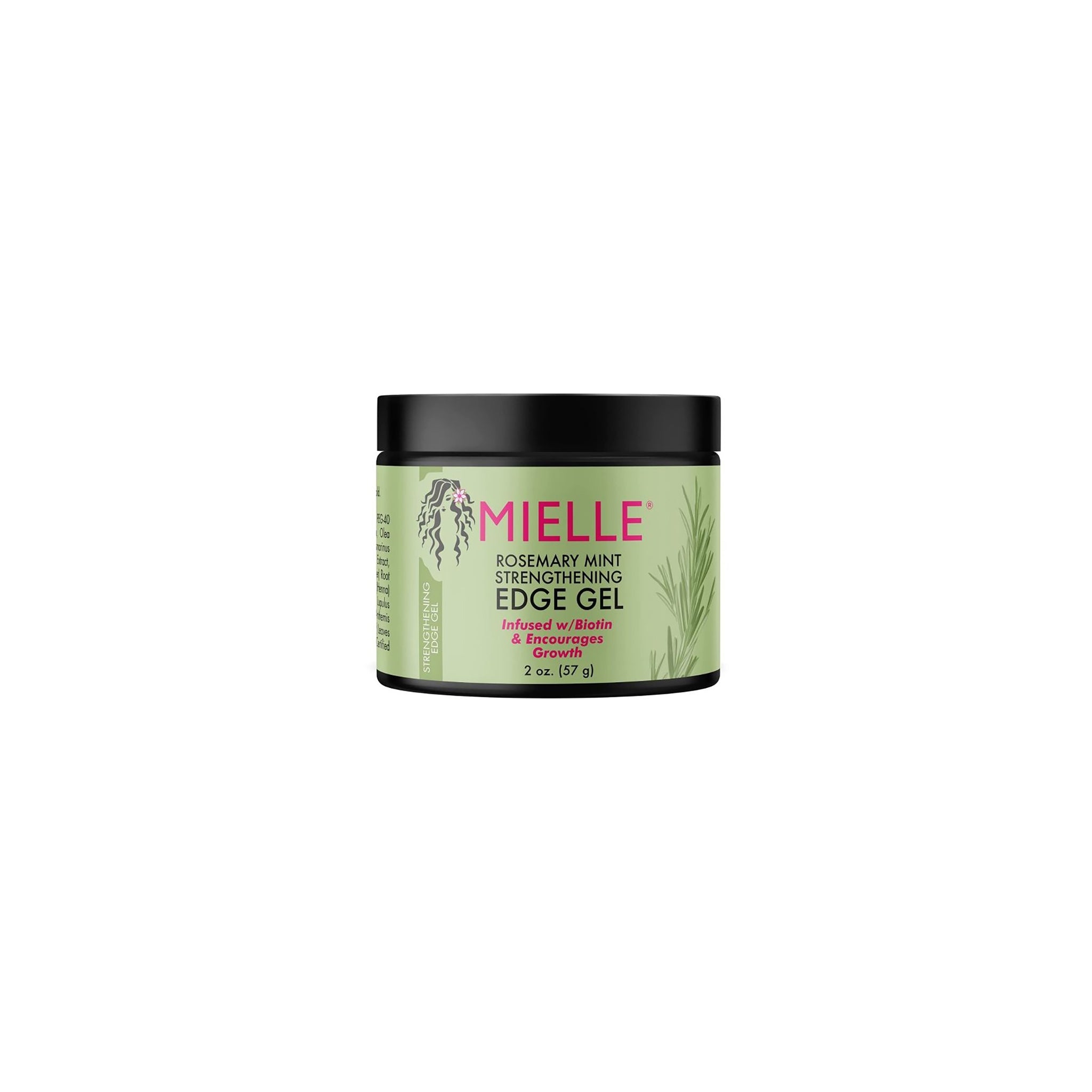 Sort beholder i plast med Mielle Rosemary Mint Strengthening Edge Gel (57g) med grøn etiket.
