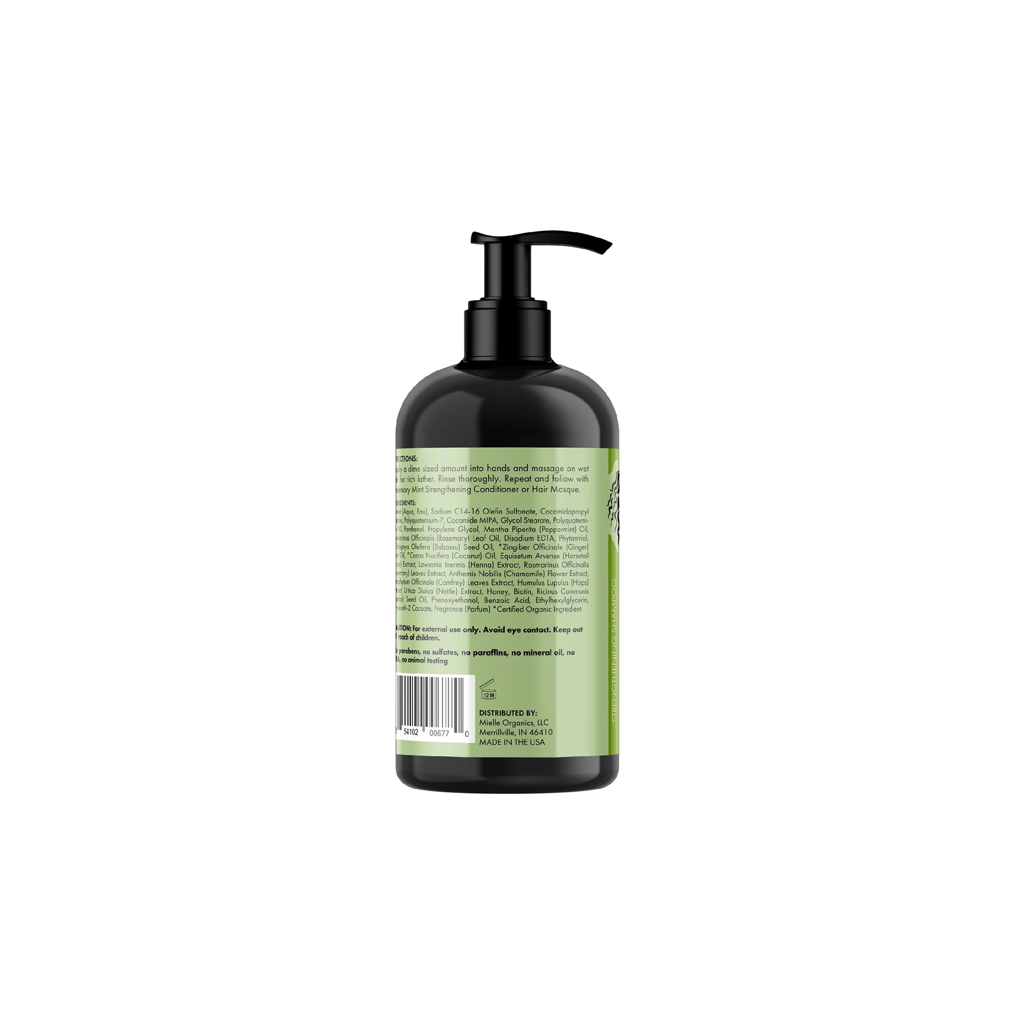 Bagsiden af Mielle Rosemary Mint Strengthening Shampoo (355 ml) med ingrediensliste og brugsanvisning.