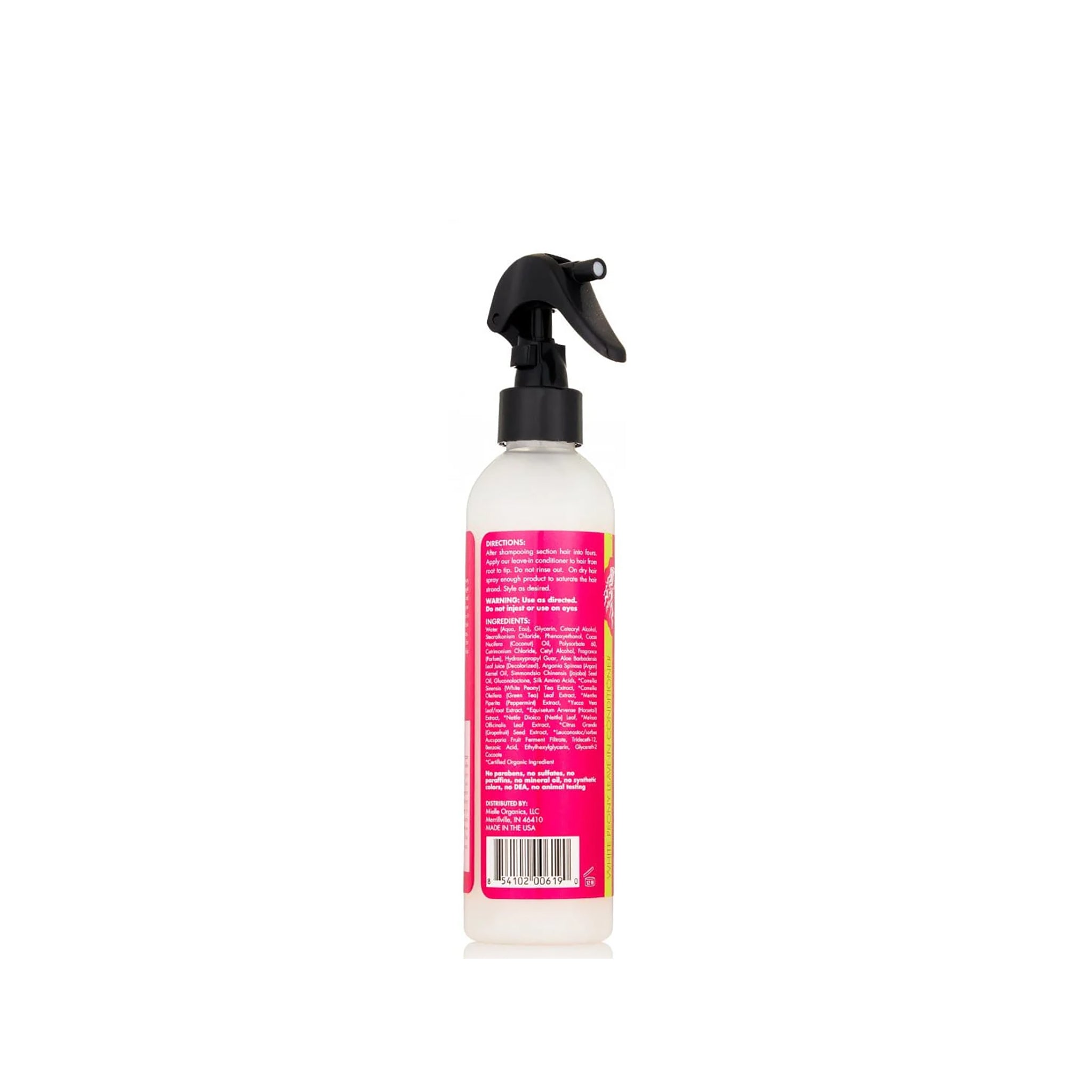 Nærbillede af etiketten på bagsiden af Mielle White Peony Leave-In Conditioner (240 ml), der viser ingredienser, brugsanvisning, advarsler og producentinformation.