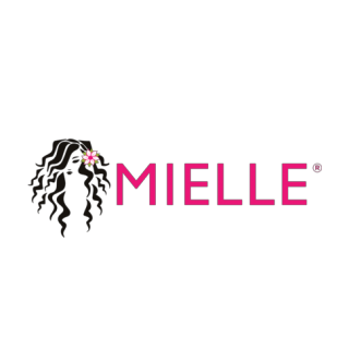 Mielle logo i pink skrift med en lille blomstret illustration.