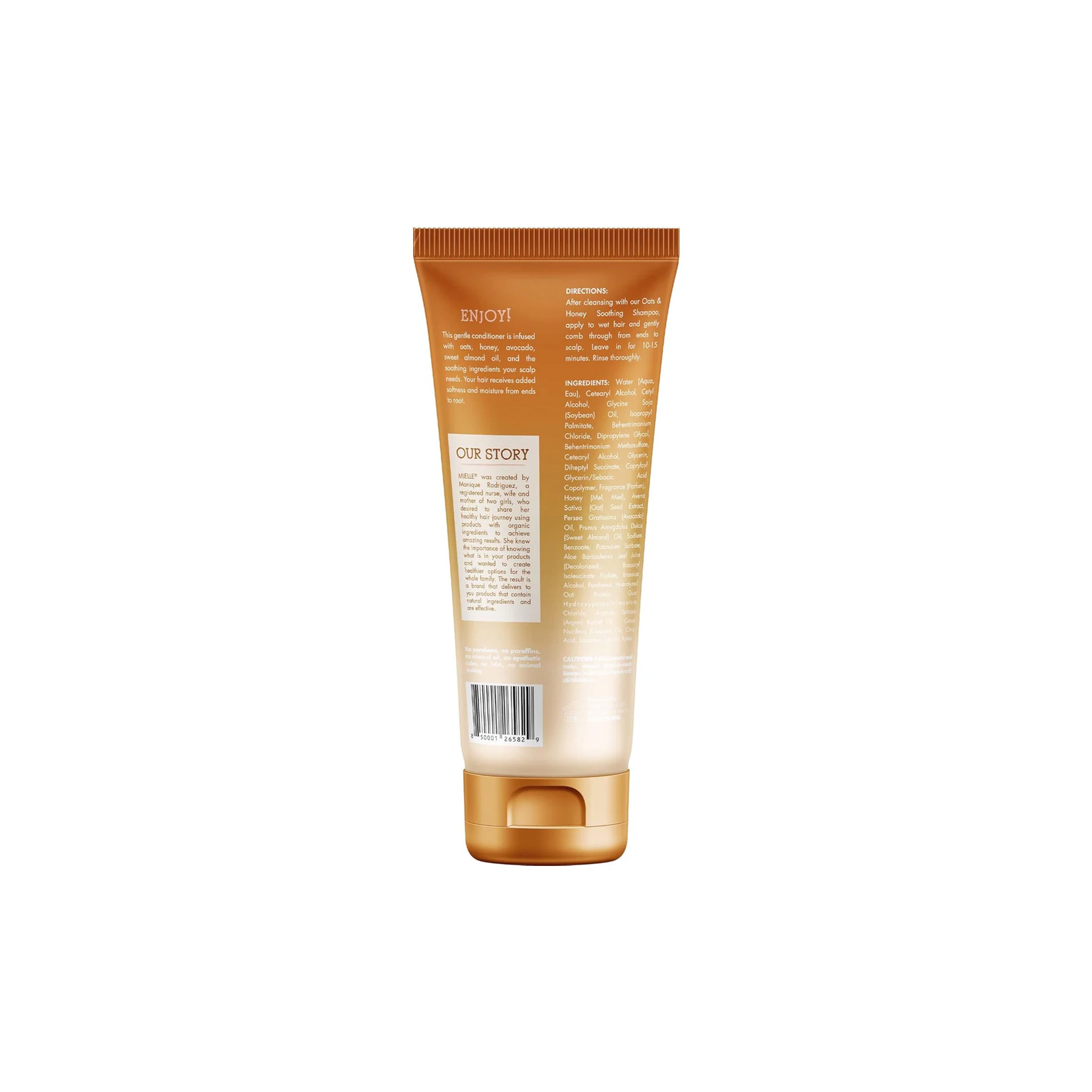 Bagside af Mielle Oats & Honey Soothing Conditioner 237ml med ingrediensliste og brugsanvisning på gylden tube.