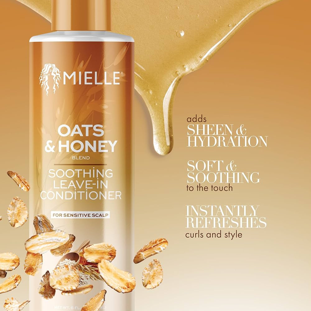 Mielle Oats & Honey Soothing Leave-In-Conditioner 177ml med havreflager og honningdryp på gylden baggrund.