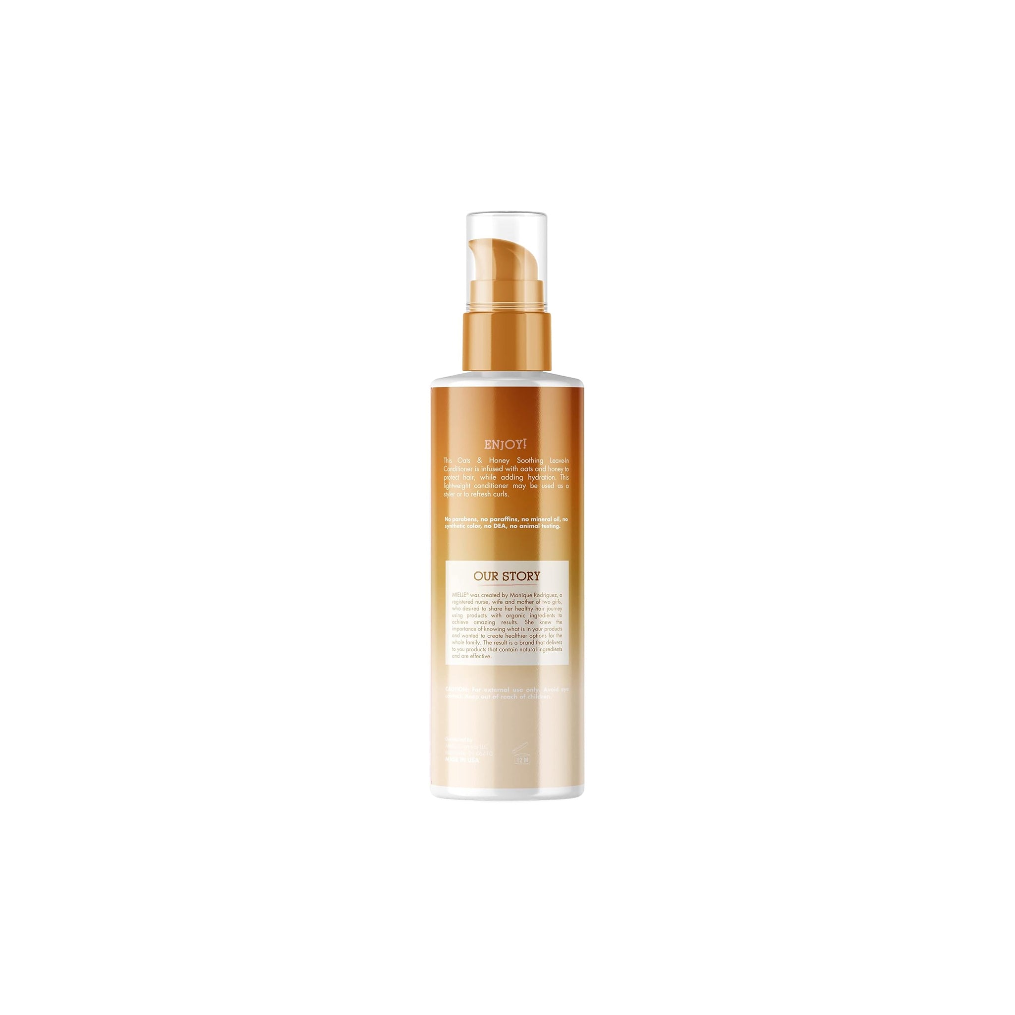Bagside af Mielle Oats & Honey Soothing Leave-In-Conditioner 177ml med pumpe og brun-guld labeltekst.