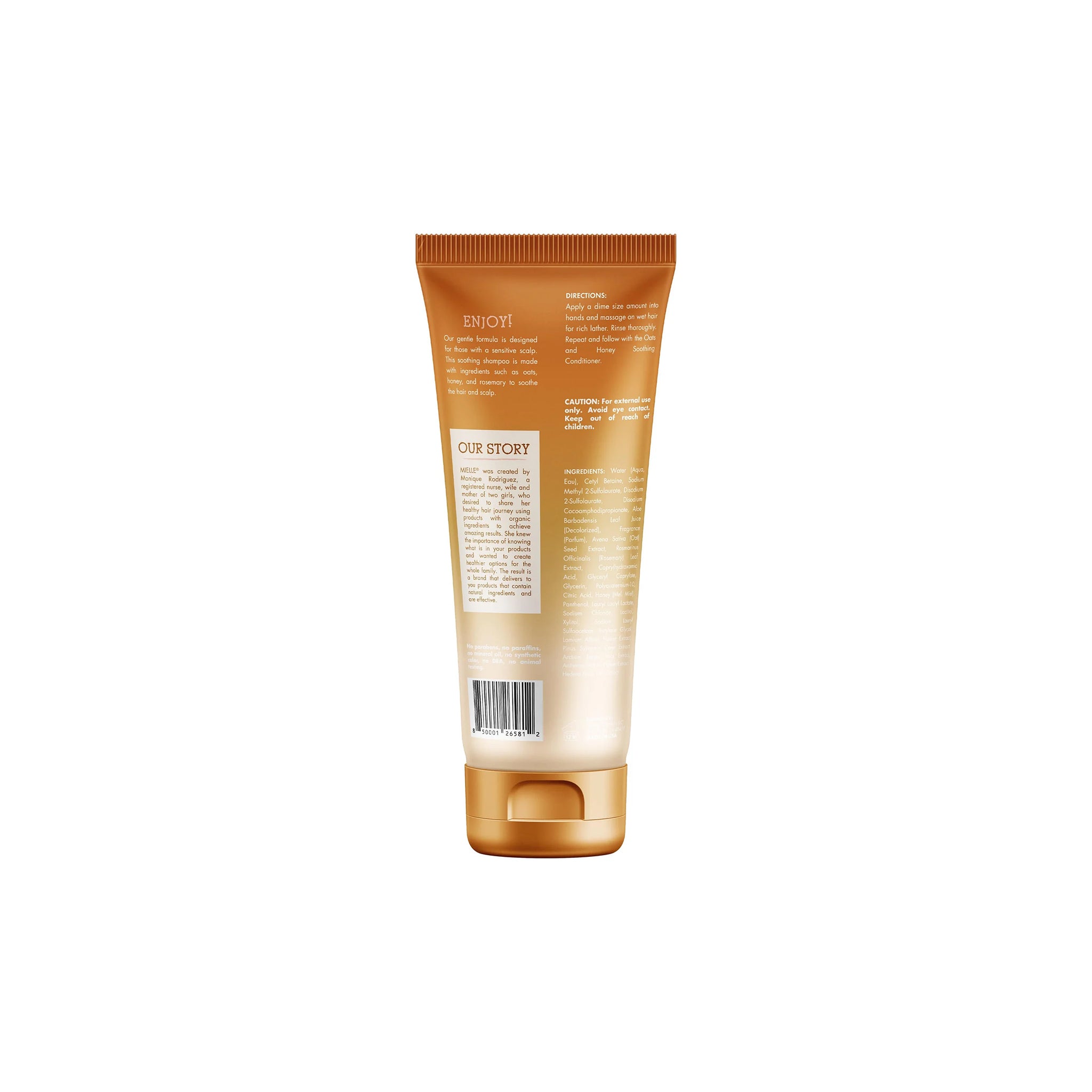 Bagside af Mielle Oats & Honey Soothing Shampoo 237ml i gyldenbrun tube med hvid baggrund og produktinformation.
